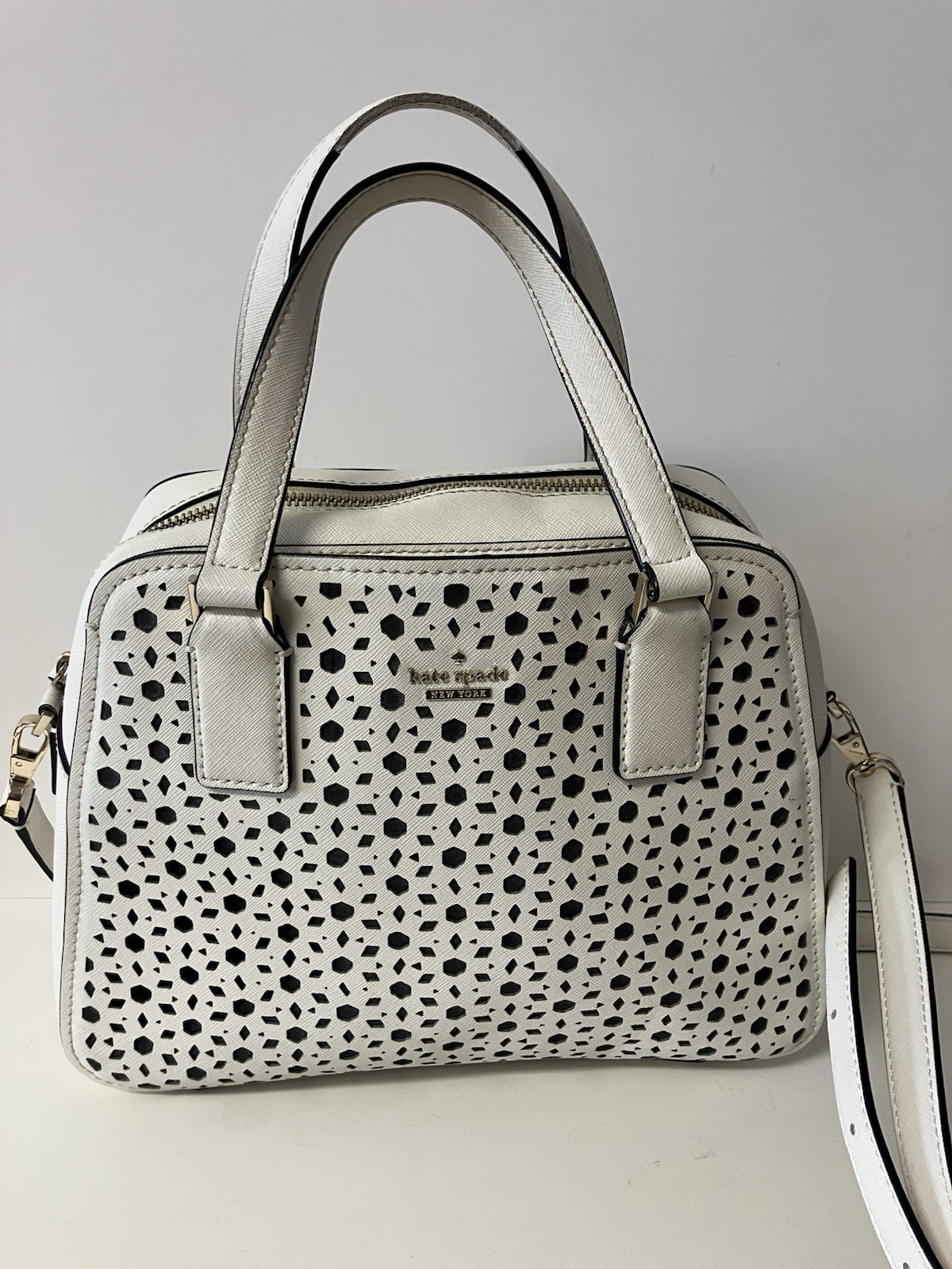 Kate Spade Little Babe Perforated Geometric Cut Out Crossbody Top Handle White