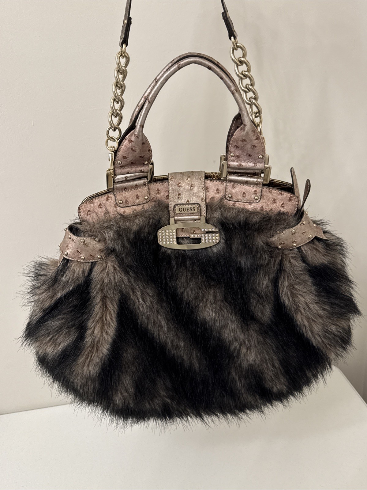 Vintage Y2K Guess Faux Fur Hobo Bag Rose Gold McBling Rhinestone Purse VERY RARE