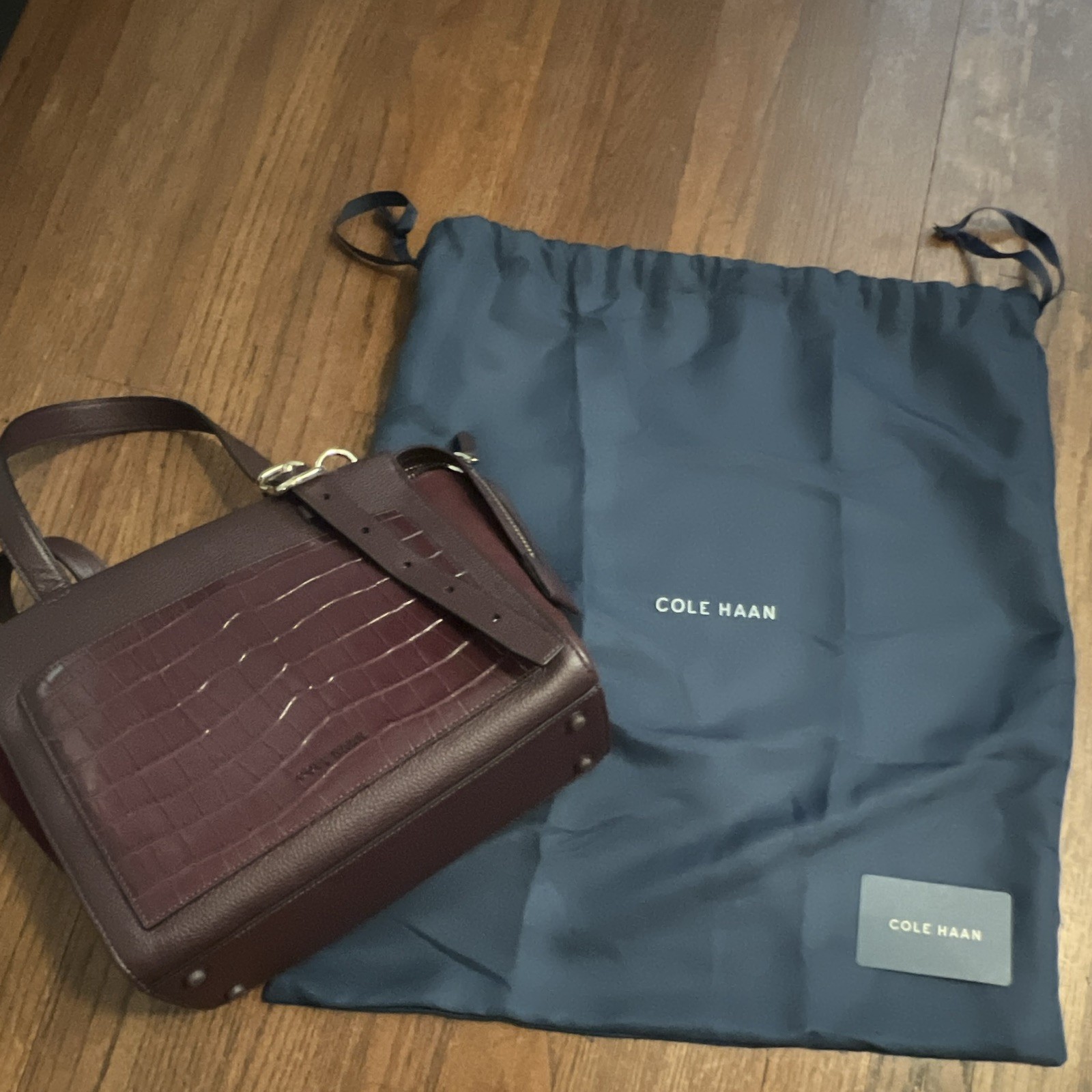 Cole Haan Burgundy Medium Satchel Top Handle Zip, Strap, Dust Bag, Croc Emboss