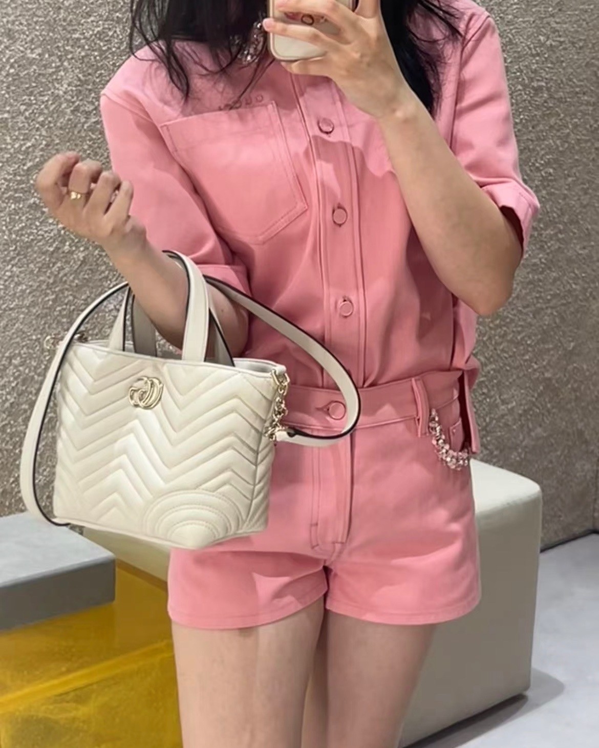 Gucci GG Marmont White Silver Small Matelasse Chevron Leather Tote Crossbody Bag