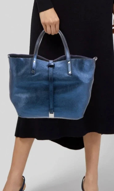 Tiffany & Co. Reversible Tote Bag with Matching Pouch Metallic Blue Leather