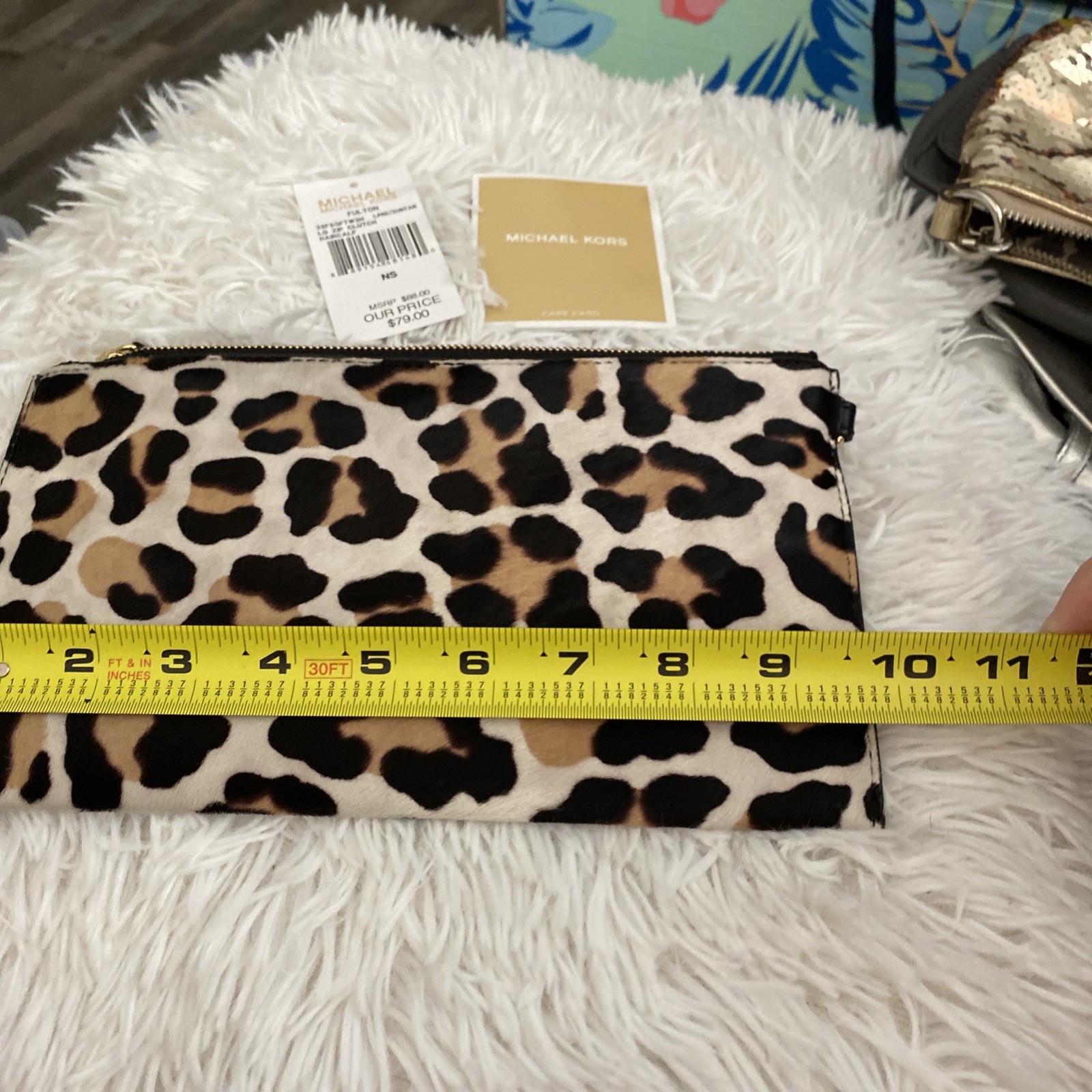 MICHAEL KORS LEOPARD PRINT CALF HAIR TRIM LEATHER Fulton Clutch Pristine