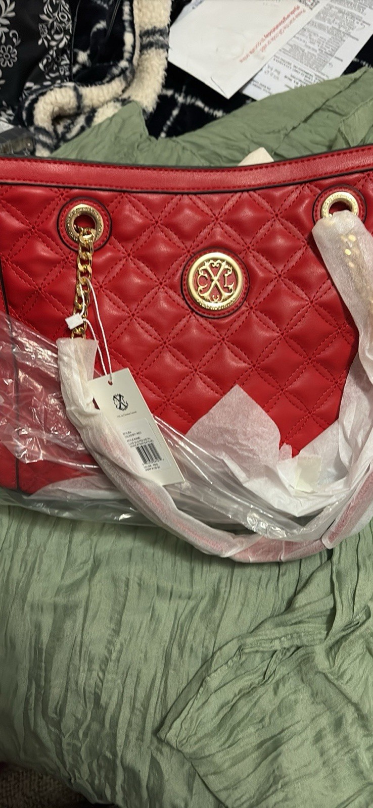 Christian Lacroix Red Quilted Shoulder Bag Zip Gold Hardware Lined Pockets