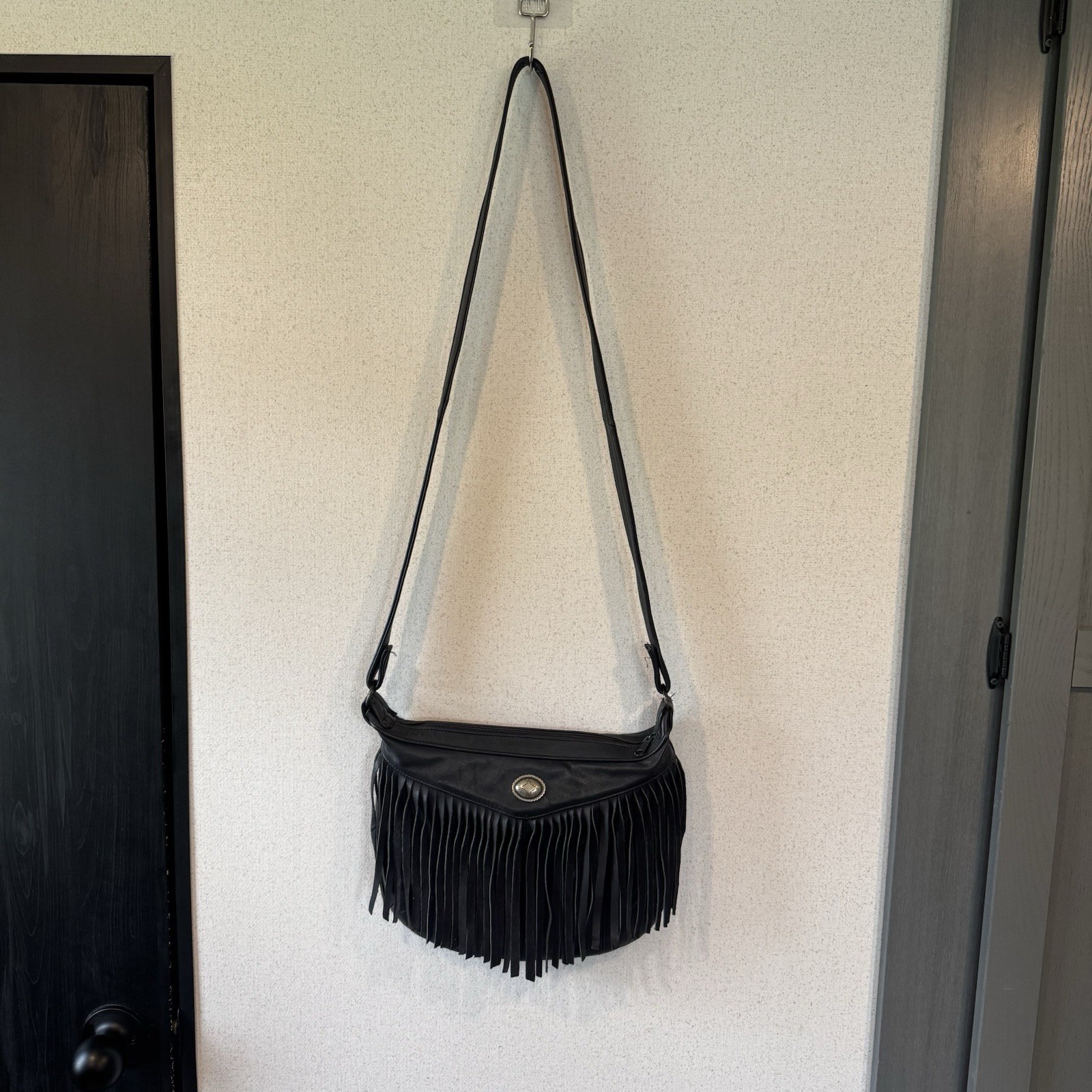 VTG Leather Fringe Crossbody Purse Boho Made In Mexico Black Western Festival