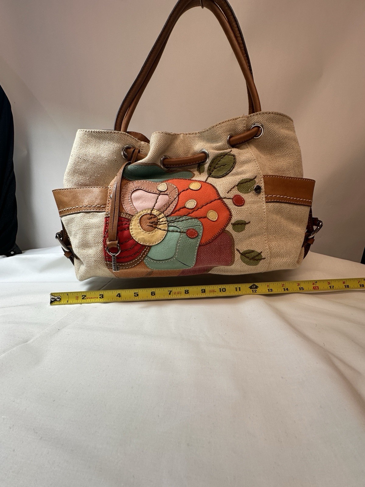 Fossil Colorful Satchel Boho Tote Purse Denim And Leather Unique ❤️