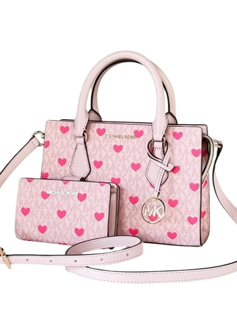 Michael Kors Sheila Crossbody Bag Heart Print Satchel Wallet Set Powder Blush
