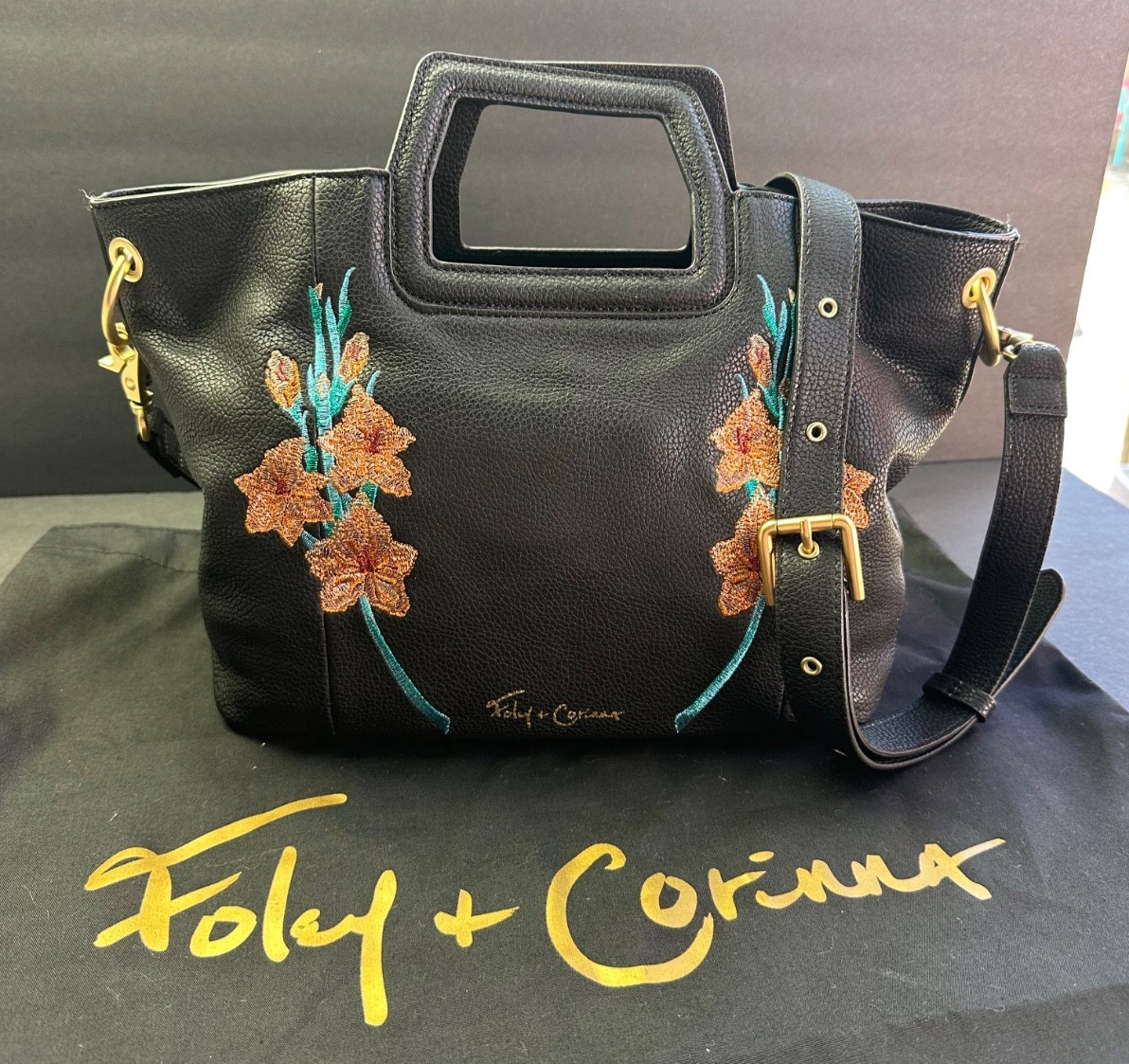Foley Corinna Embroidered Black Vegan Leather Cut Out Handle Tote Bag Crossbody