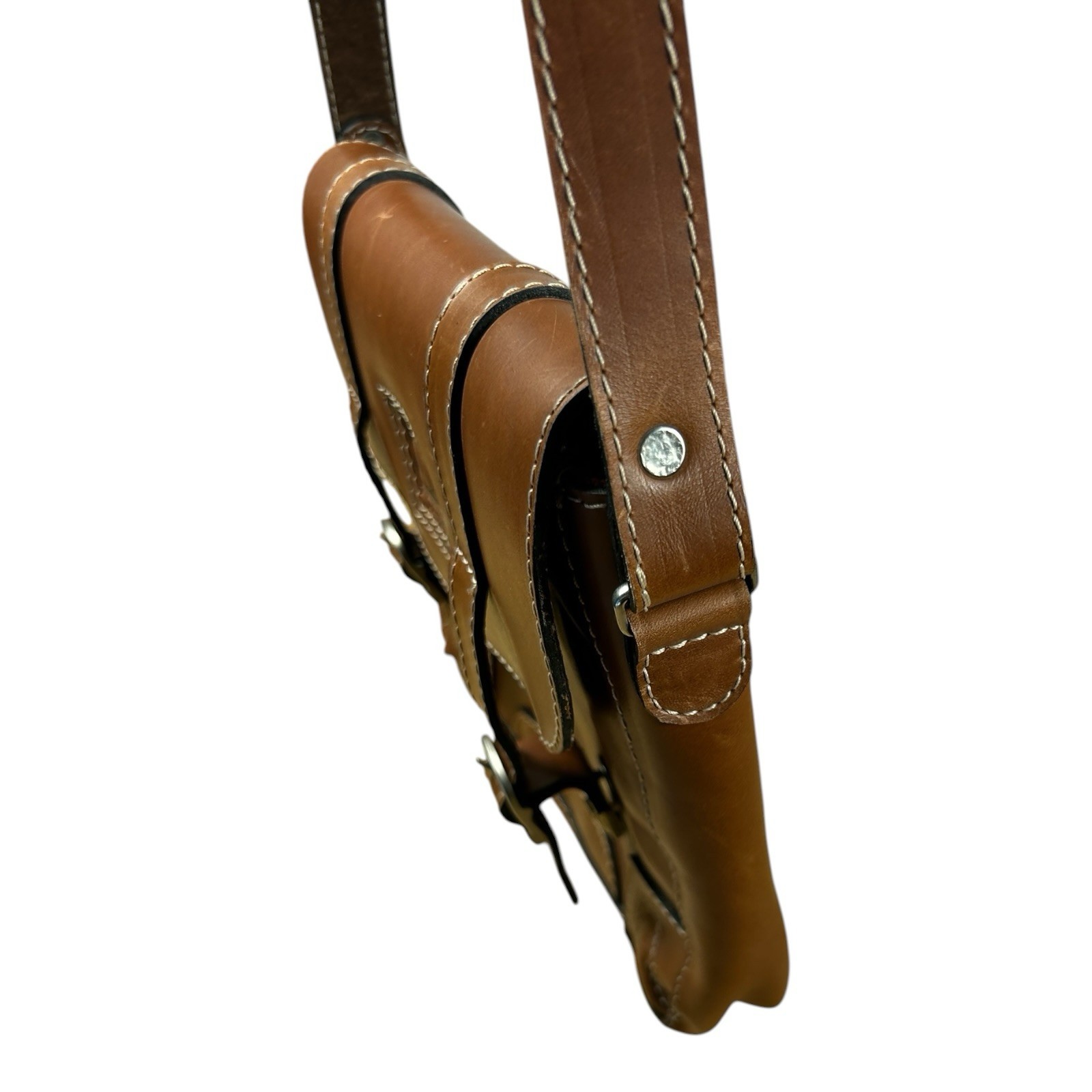 Domini Pelle Brown Leather Crossbody Satchel Tartan Lining Dual Buckle Mexico
