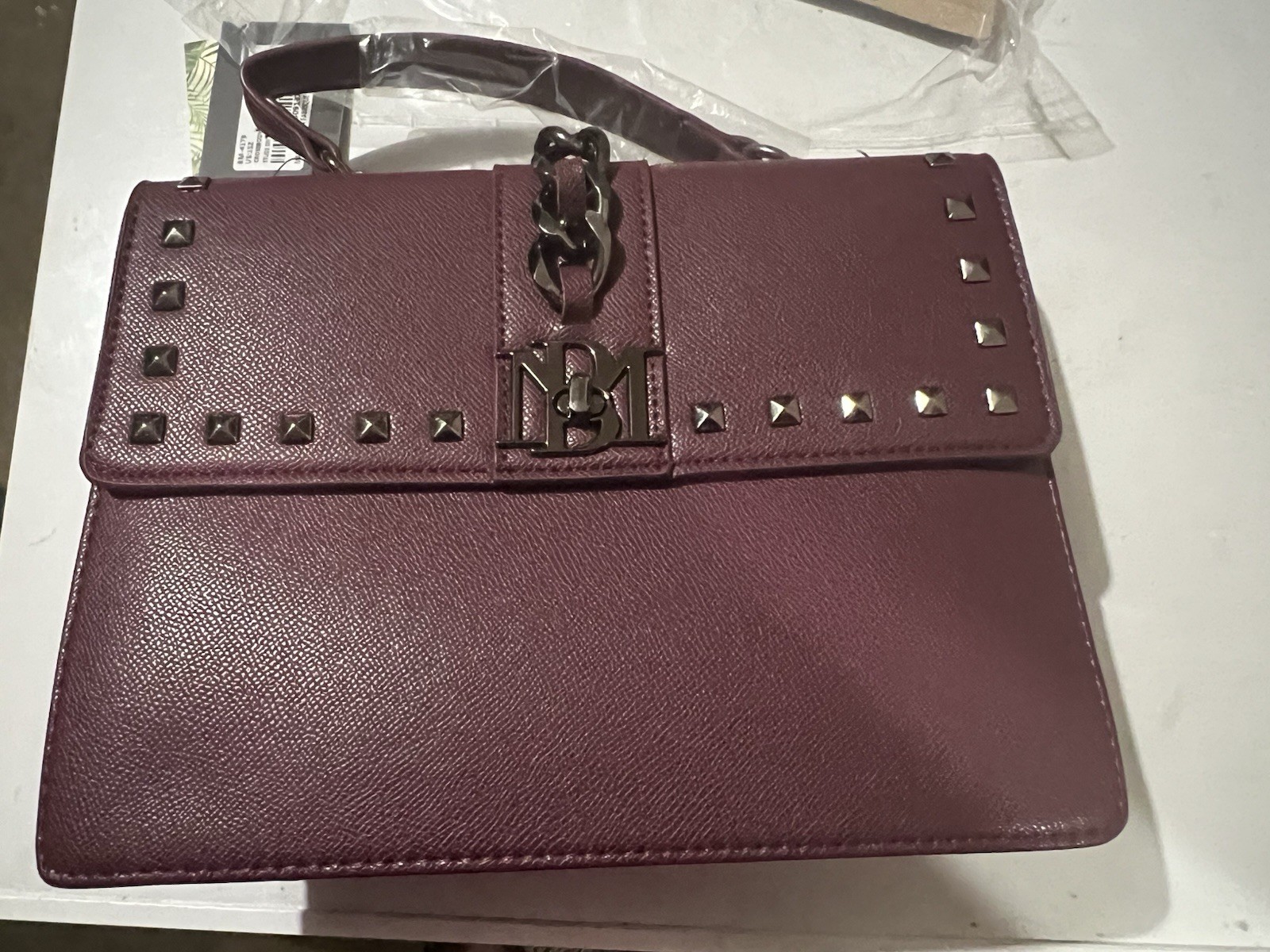Badgley Mischka Plum Studded Top Handle Satchel, Turn Lock, Detachable Strap