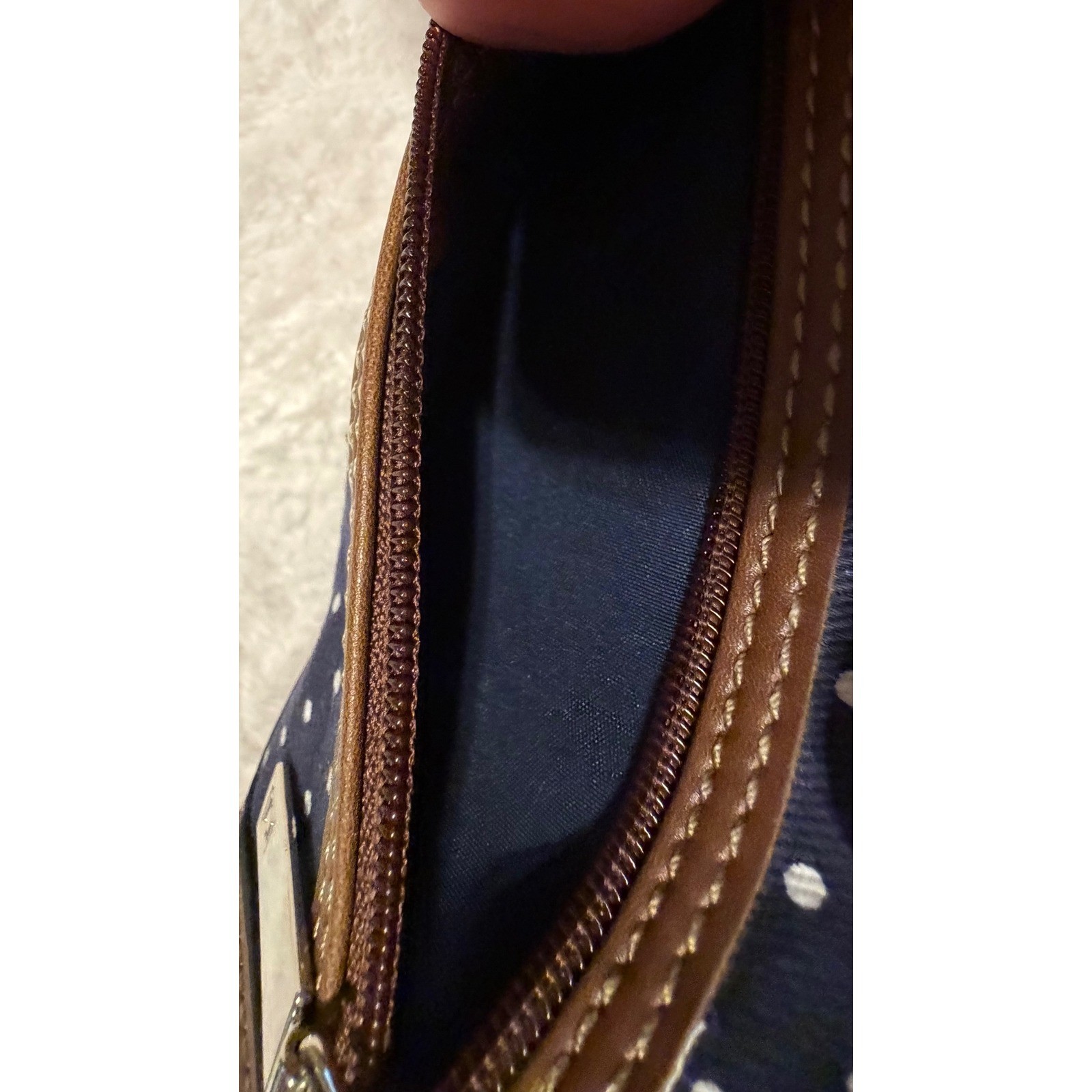 Chaps Navy Blue Polka Dot Crossbody Bag Brown Trim Canvas Small Messenger Purse