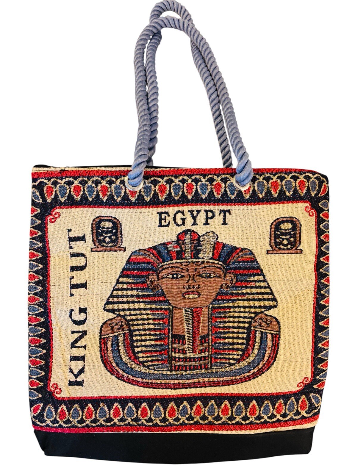 KING TUT EGYPT TAPESTRY TOTE BAG, BLUE ROPE HANDLES, LINED, ZIP TOP, 14×14, NWOT