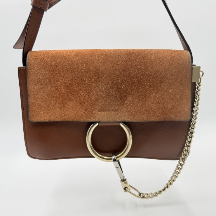 Chloe Faye Shoulder Bag in Brown Suede and Leather with Gold-Tone Hardware