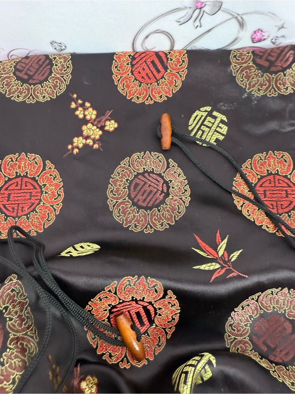 Tie bag Black Satin Mini Bag with Red and Gold Oriental Motif