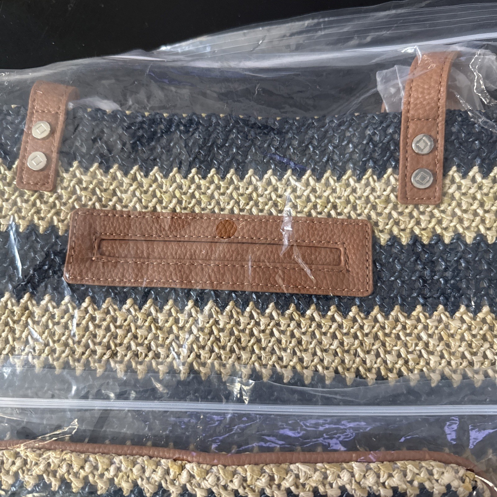Thirty One Around Town Tote Navy Striped Straw with Clutch Bag