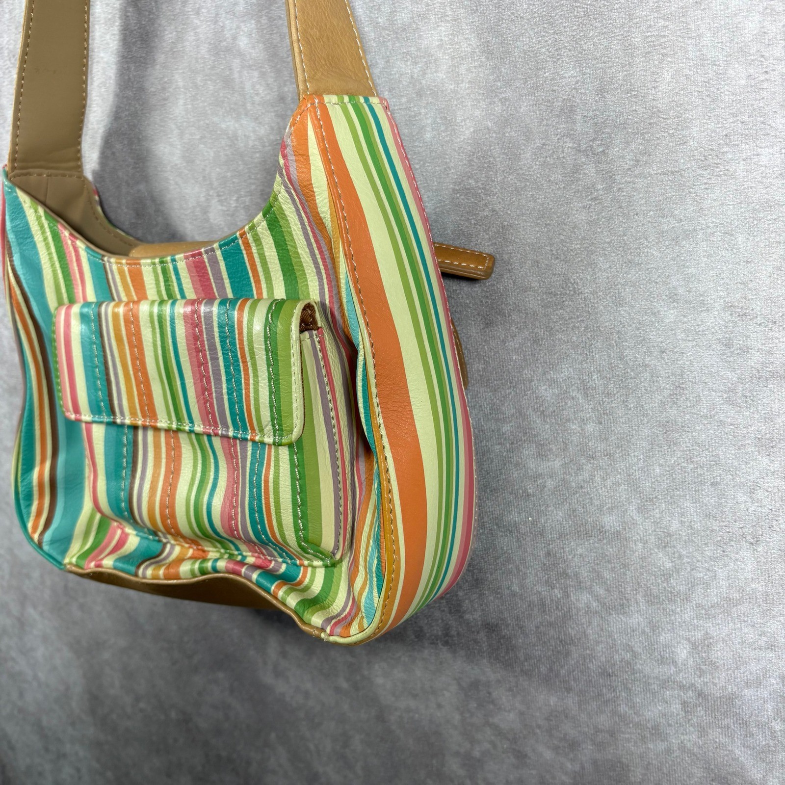 Fossil Shoulder Bag Womens Small Multi Color Striped Leather Hobo Boho Y2K