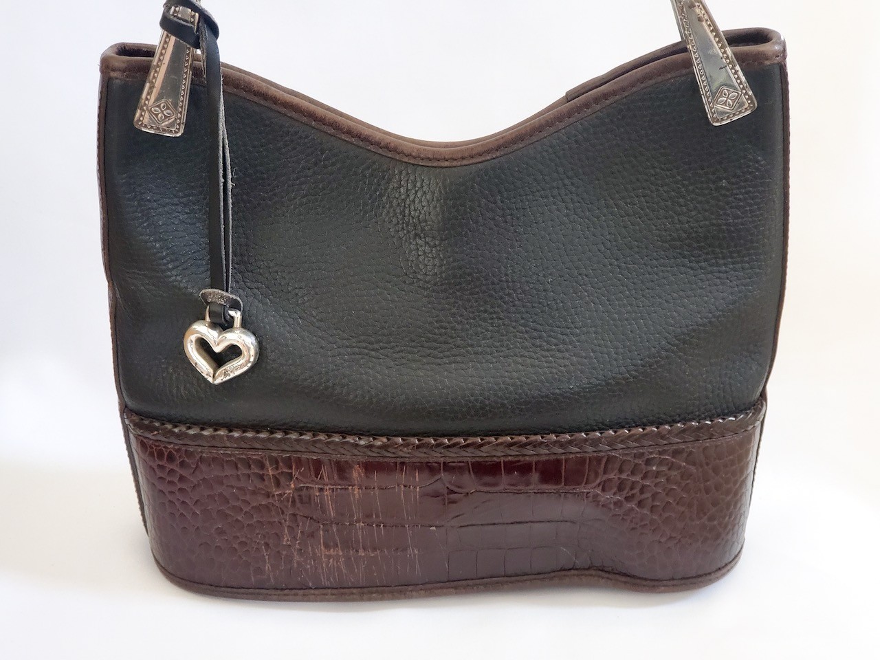 Brighton Collection Black Brown Leather Moc Croc Shoulder Bag Purse Woven Strap