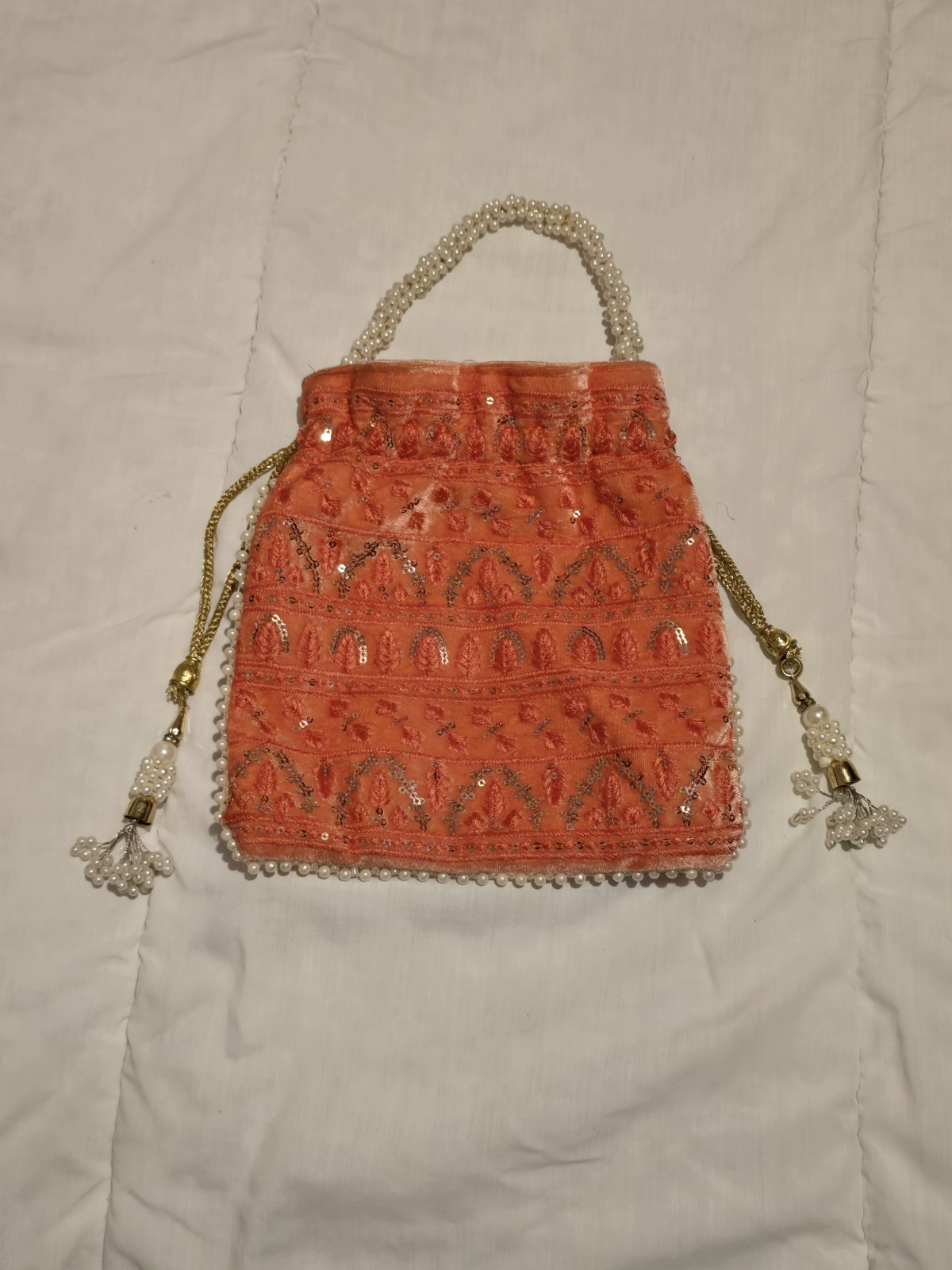 Vintage Coral Velvet Pouch Bag Embroidered Pearl Drawstring Wristlet