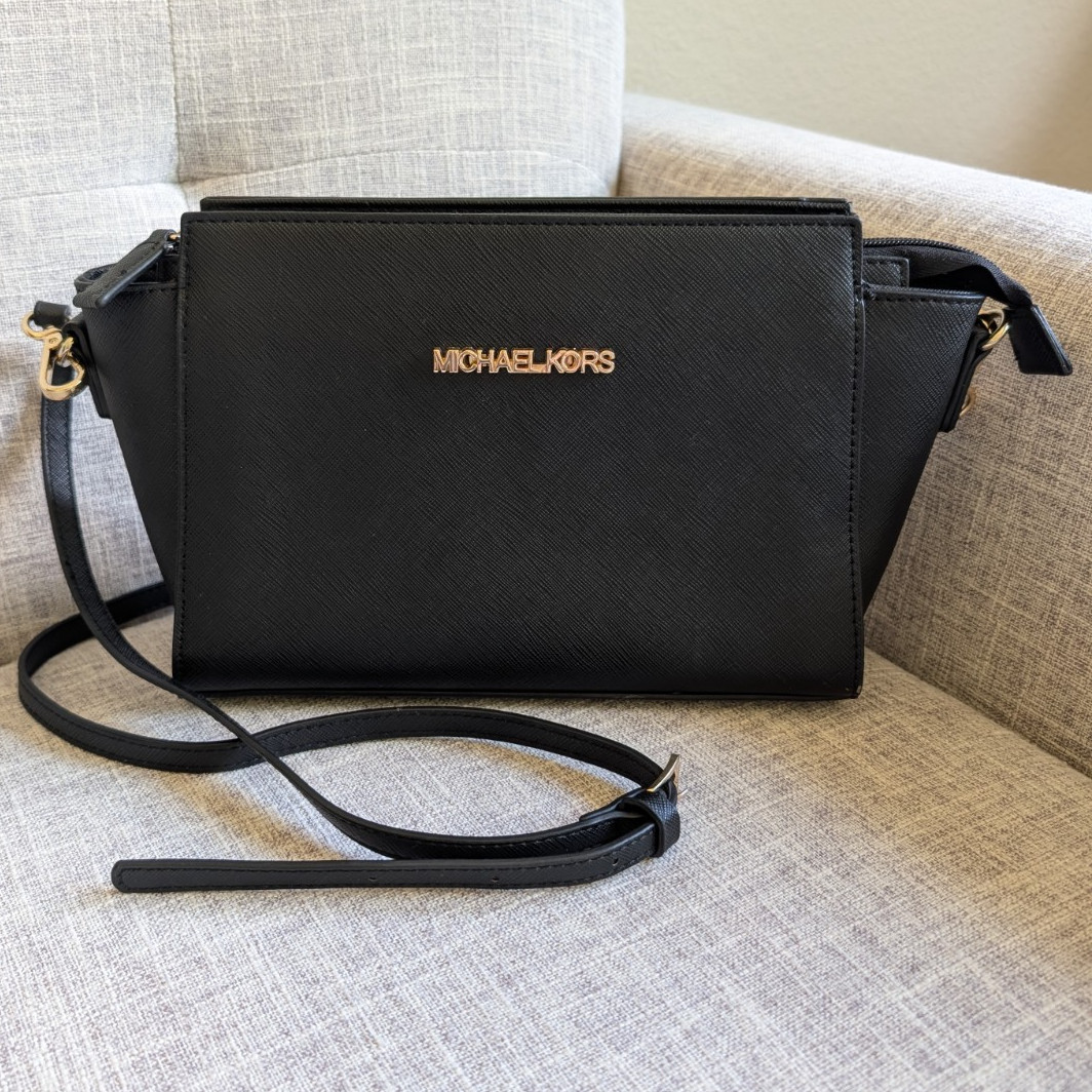 Michael Kors Black Selma Crossbody Bag Zip Closure Gold Hardware Logo, Adj Strap