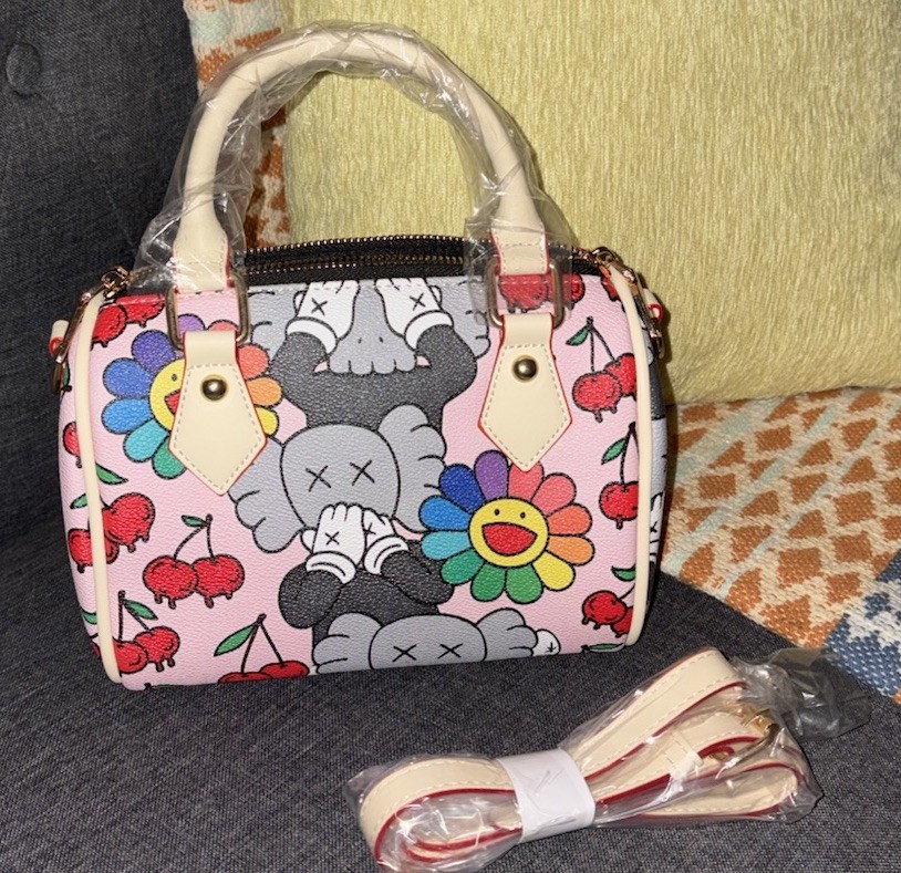Pink Cherry Print Kaws Cartoon Art Small Satchel Top Handle Zip Bag w Strap