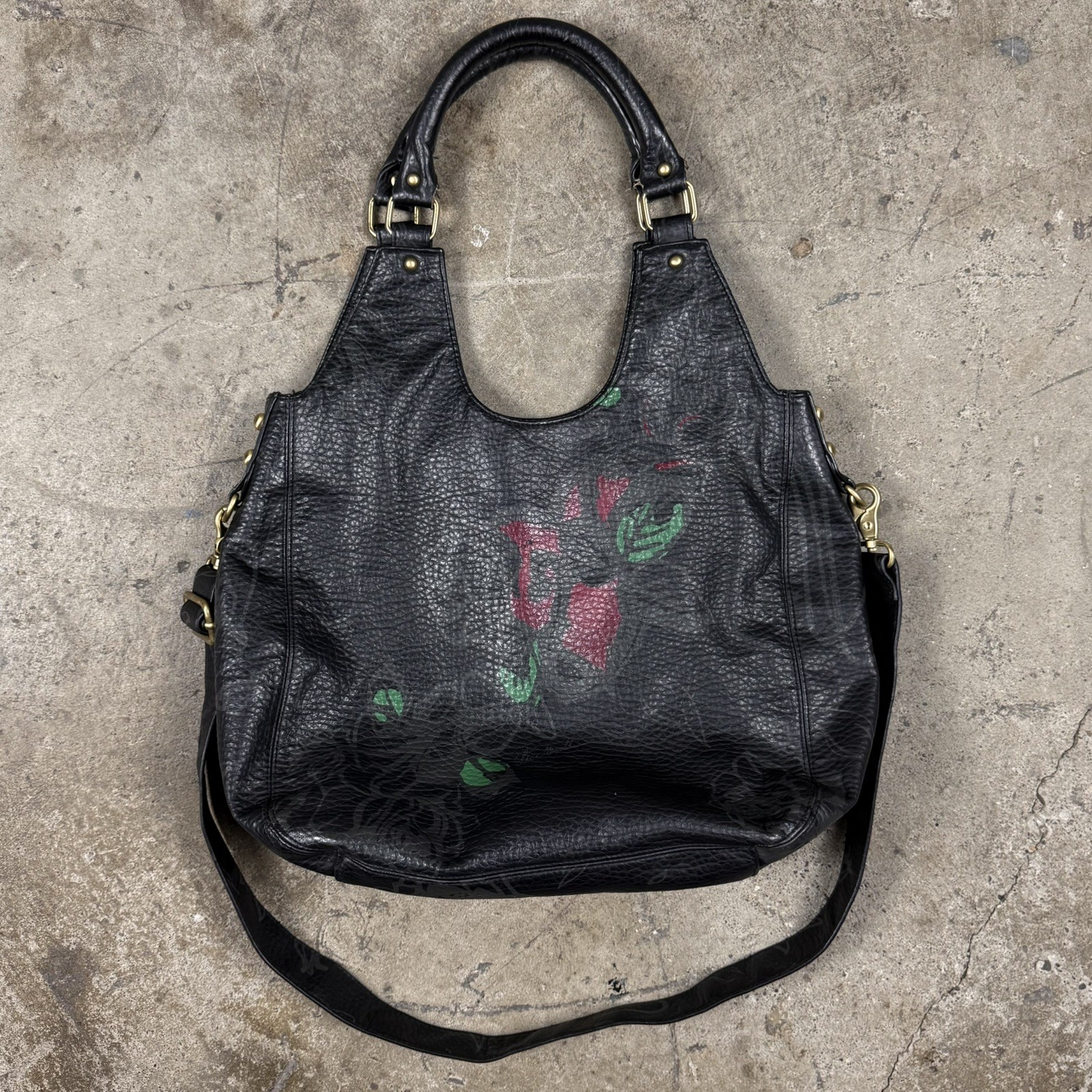 Steve Madden Hobo Tattoo Leather Purse Black Rose Shoulder Strap Y2K Large Size