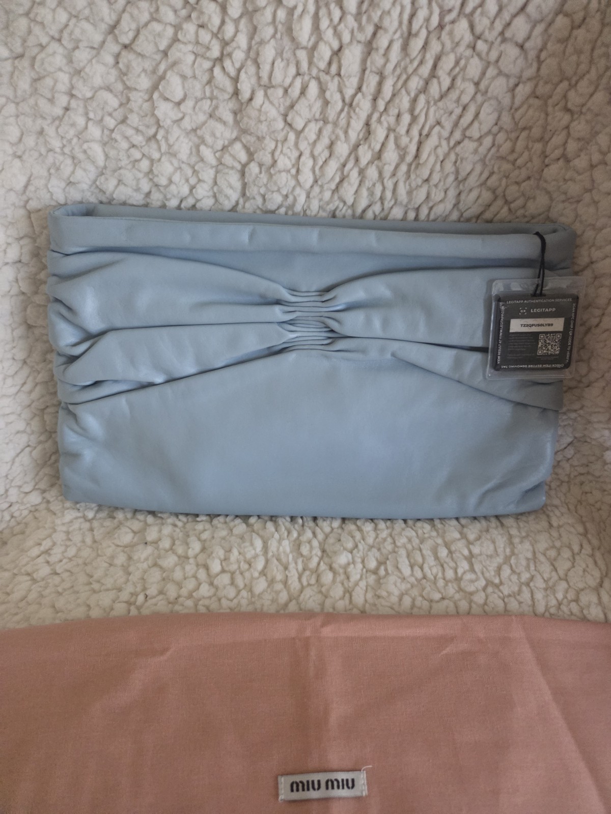 Miu Miu Light Blue Ruched Pleated Zip Clutch Gold Hardware Dust Bag