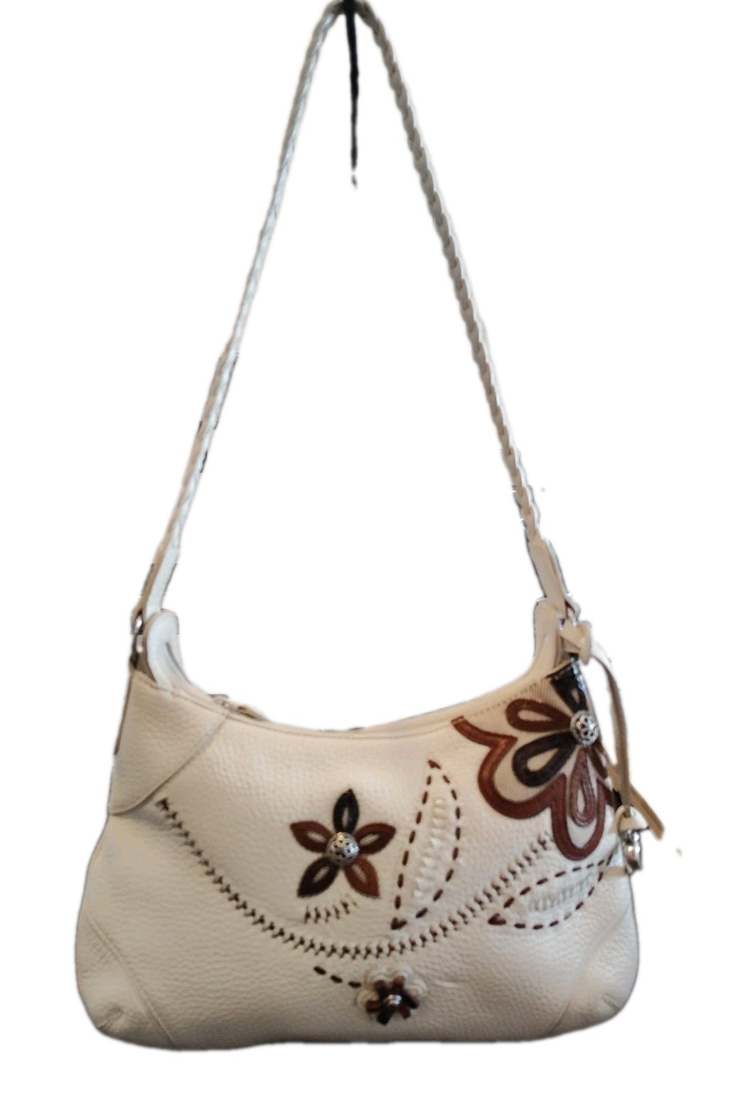 Brighton Cream/Brown Pebbled Leather Floral Braided Strap Shoulder Bag Purse
