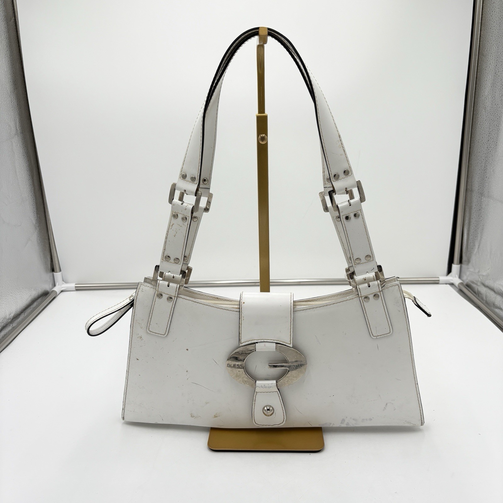 Vtg Y2K Futurism Cyber Guess White Faux Leather Shoulder Bag Purse Silver Logo