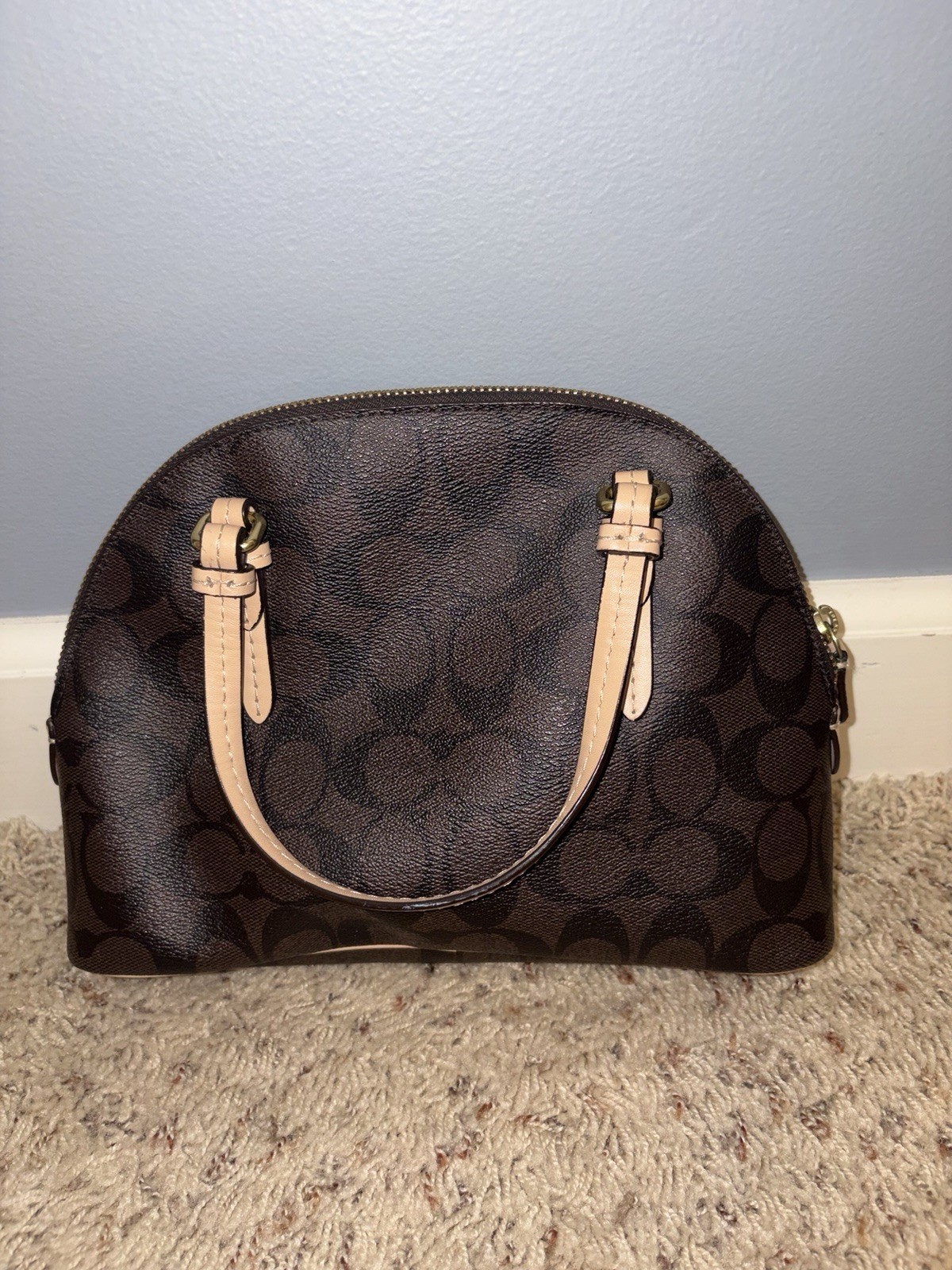 Coach Signature Brown Logo Dome Satchel Top Handle, Detachable Adjustable Strap