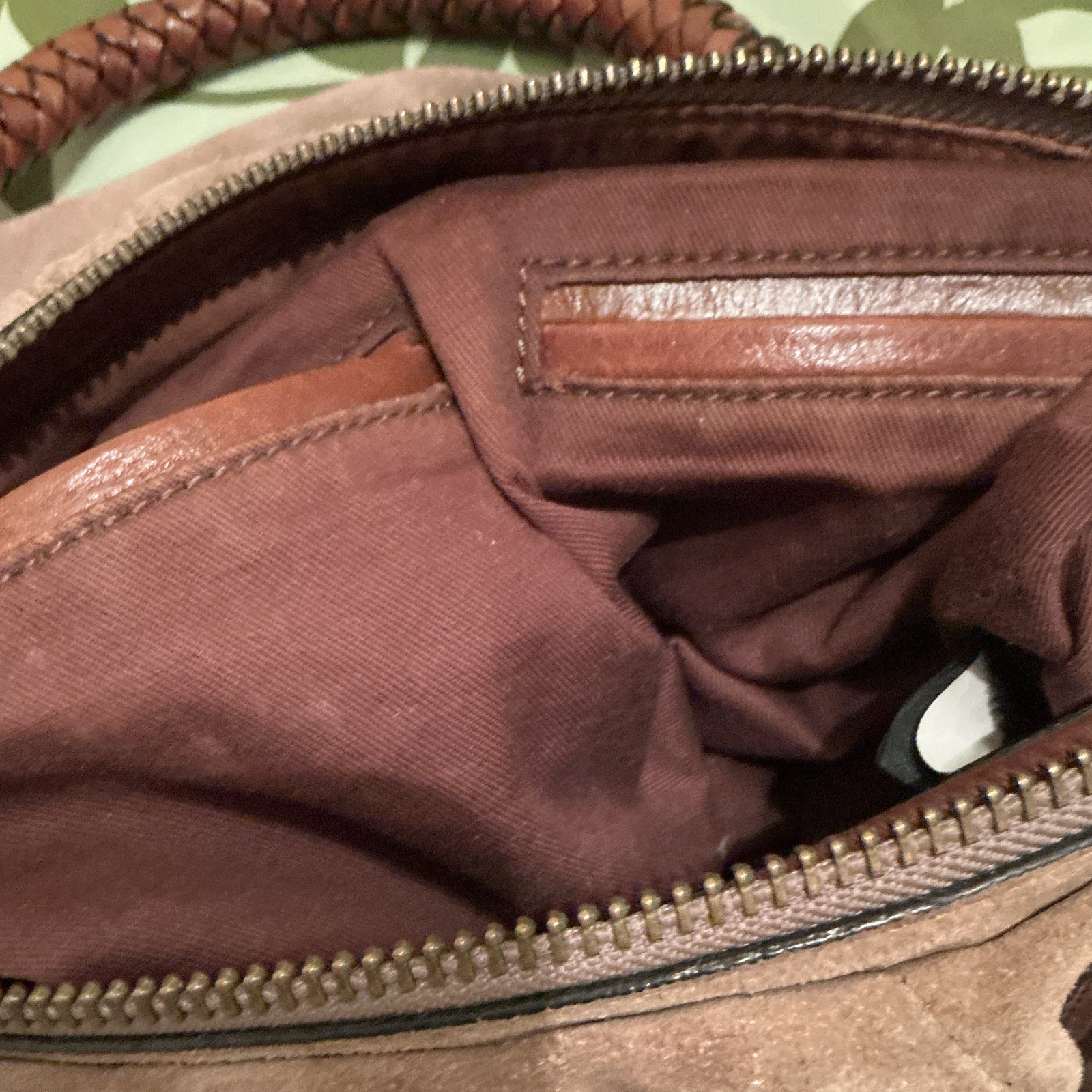 Banana Republic beautiful suede handbag taupe braided handle needs cleaning