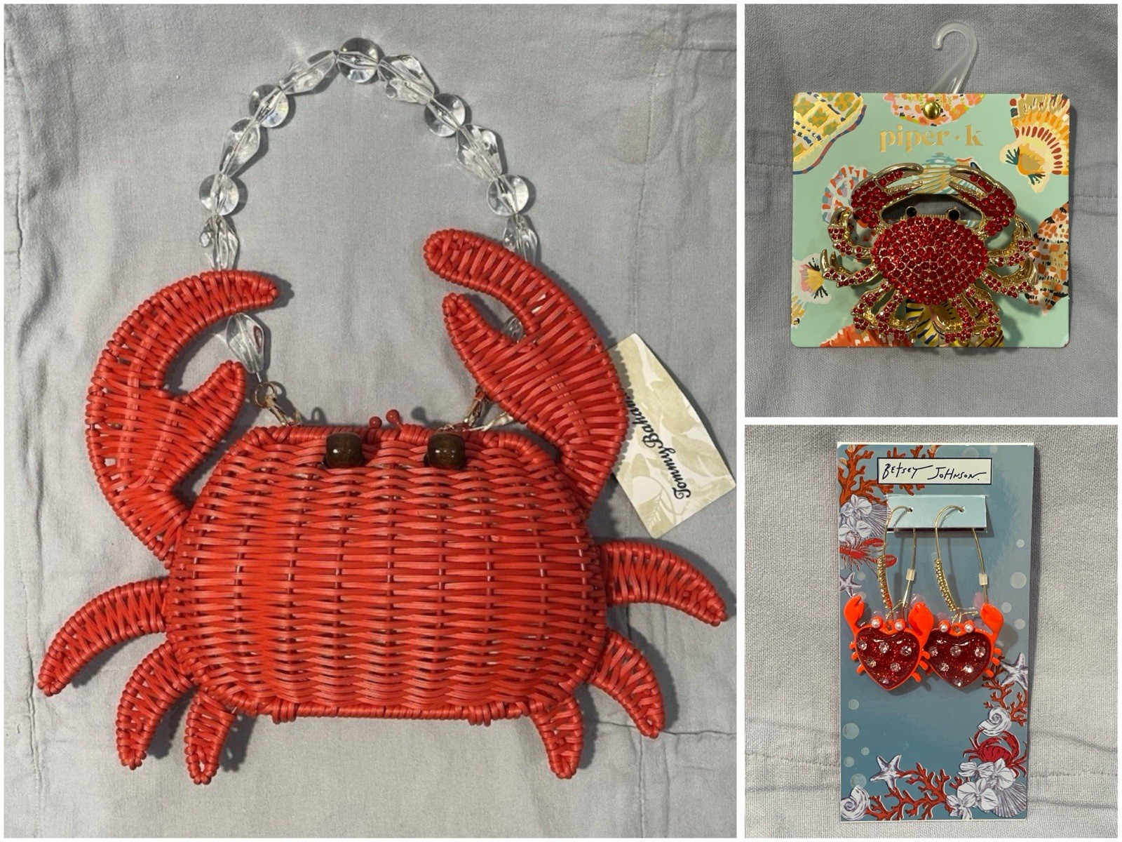 NEW Red Crab Set – Tommy Bahama Wicker Purse – Betsey Earrings – Hair Clip