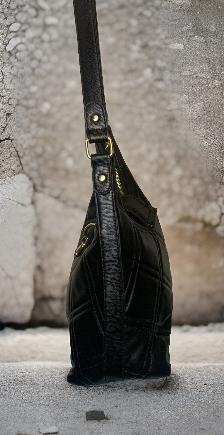 Woman’s Black Faux Leather Quilted Shoulder Handbag Full Zip Multi-Pockets