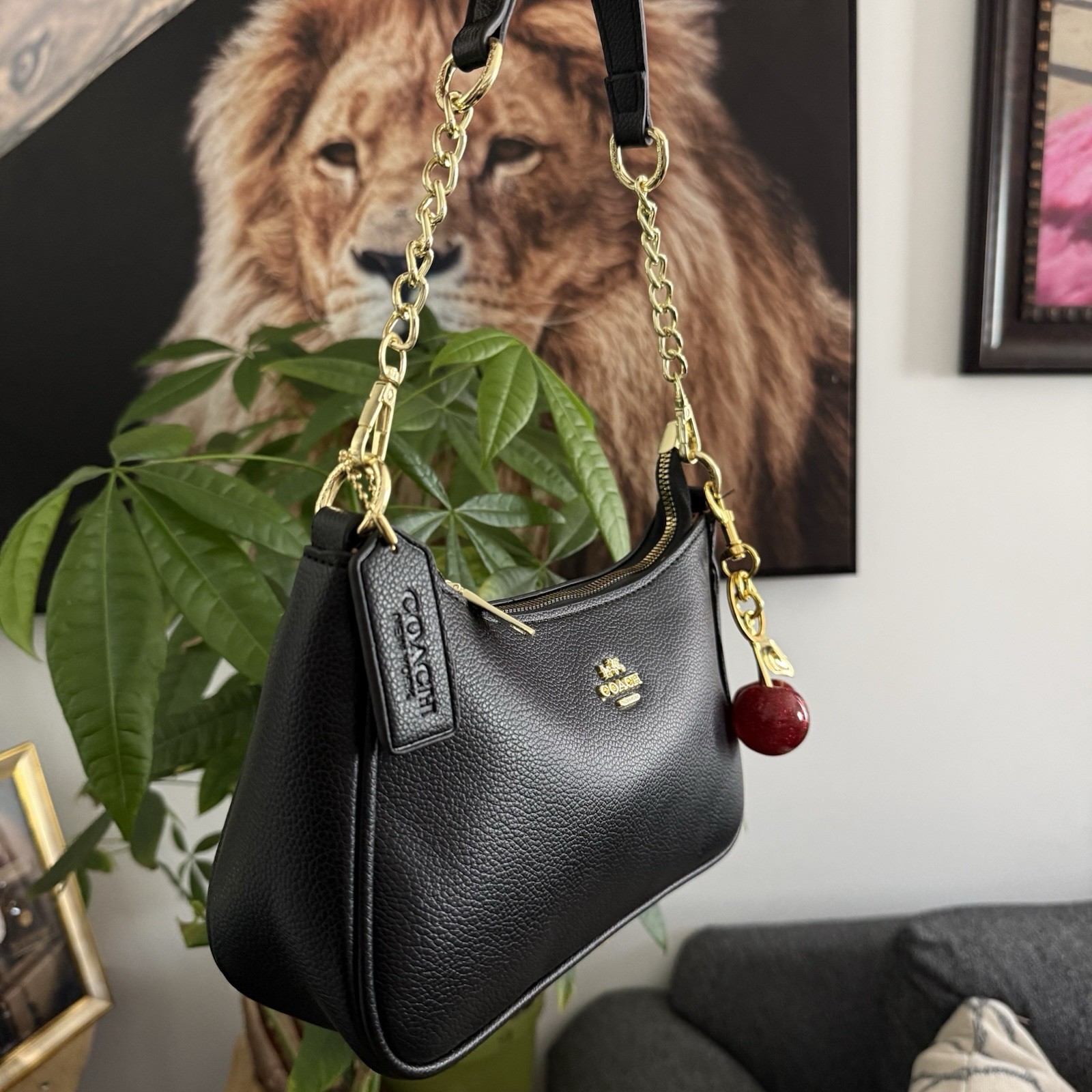 Coach Black Pebbled Small Crescent Shoulder Bag Gold Chain Cherry Charm