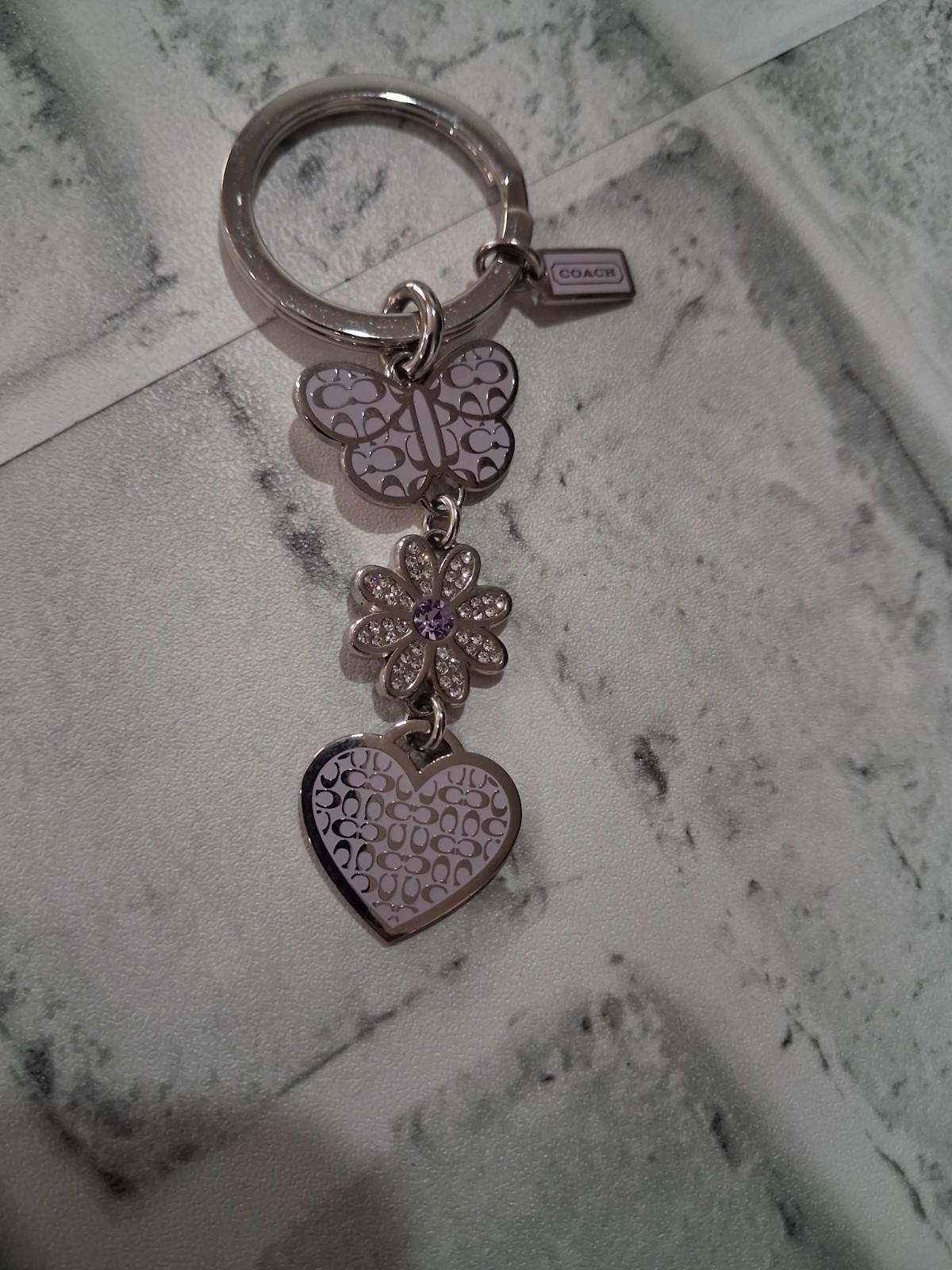 Vintage Coach Daisy Lavender Butterfly Heart Flower Key Chain – New W/O Tags