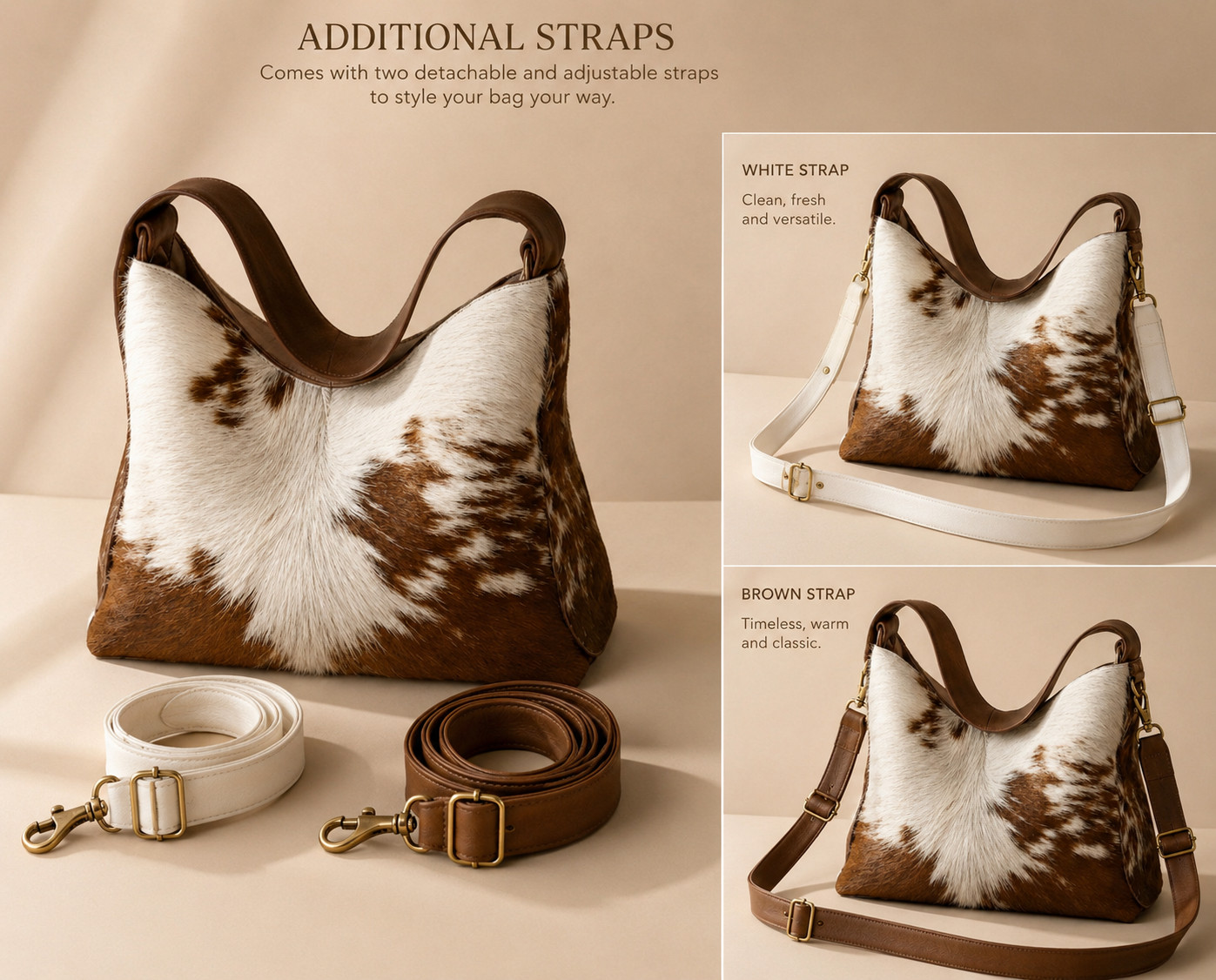 Genuine Cowhide Leather Tote Bag Hair-On Brown White Shoulder Handbag Western