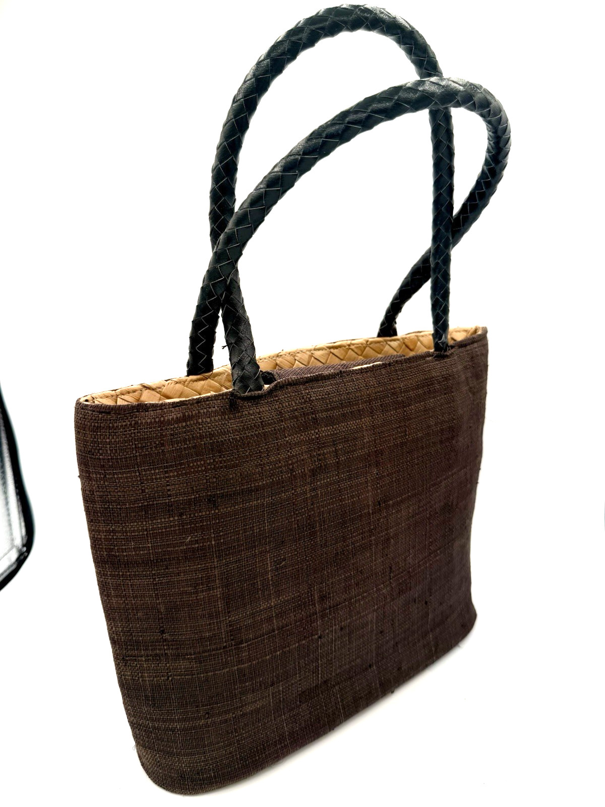 Italy Woven Abalone Handbag Chocolate Brown Wood Bead Rectangular Leather Handle