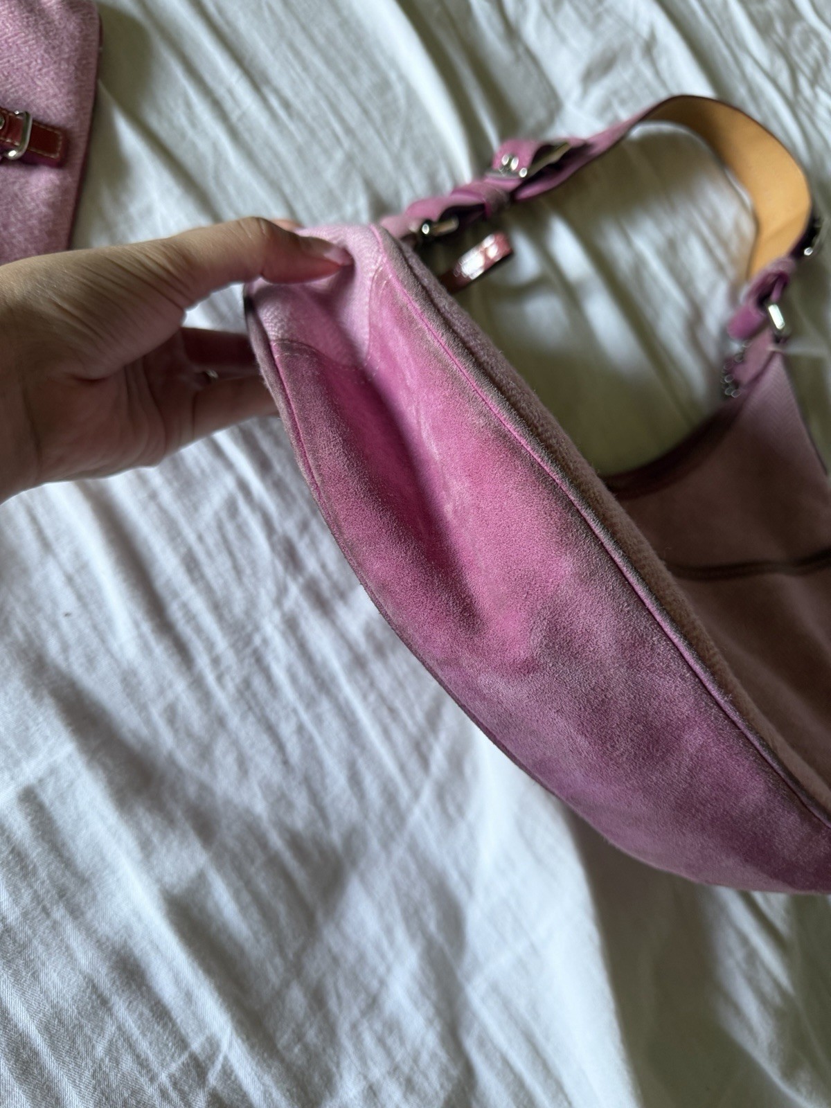 COACH G04J-1407 Vintage Pink White Herringbone Tweed Leather bag Hobo Handbag