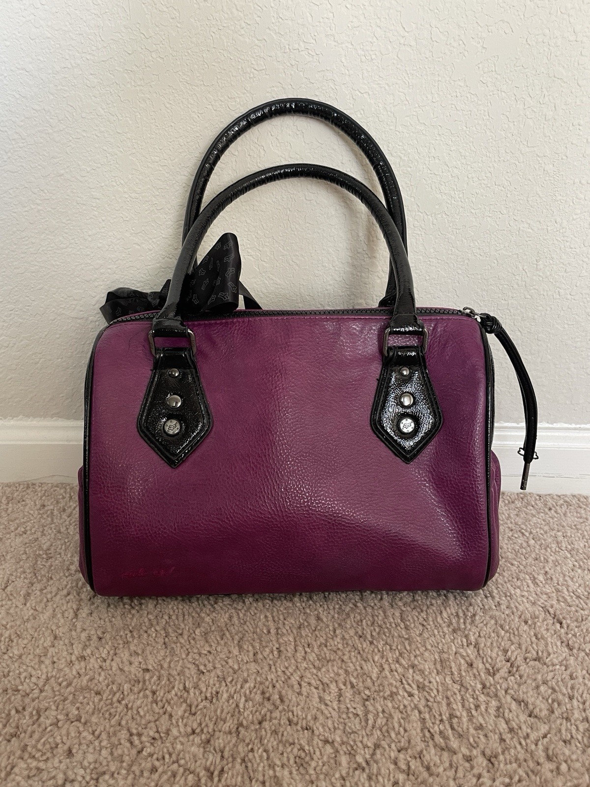 Fox Racing Y2K 90 Purple/Black Top Handle Purse, Lined, Pockets, Charm, Bow