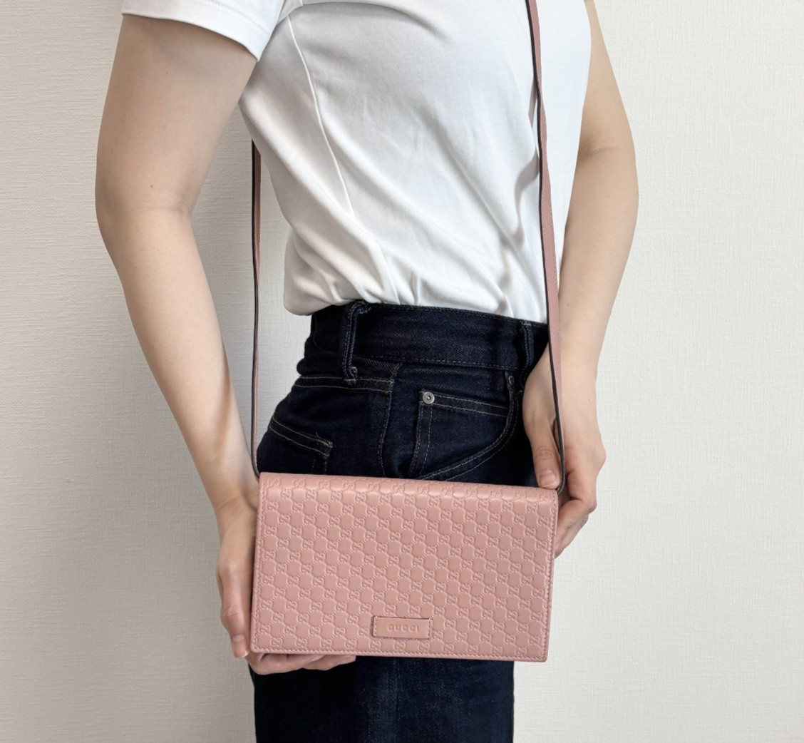 GUCCI GG 466507 2way Shoulder Bag Wallet Leather Beige Pink