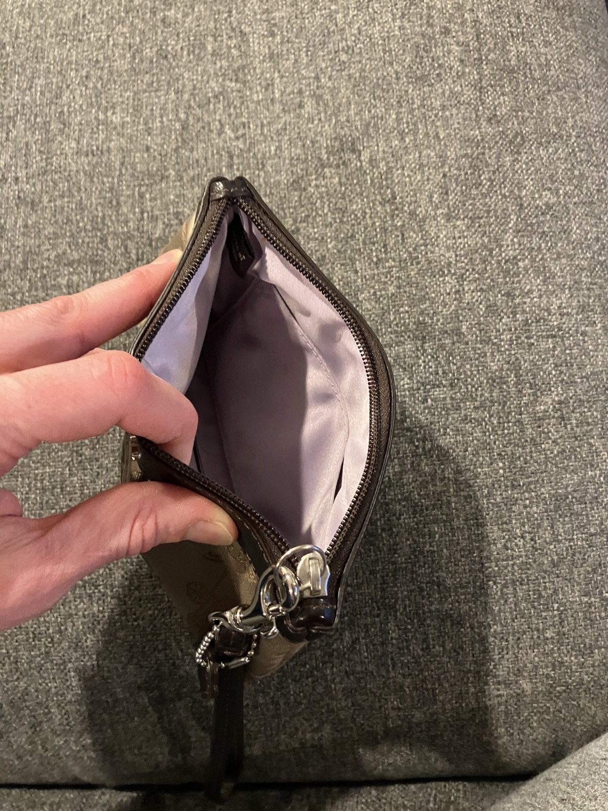 Coach Horse & Carriage Patterned Sateen Brown Wristlet