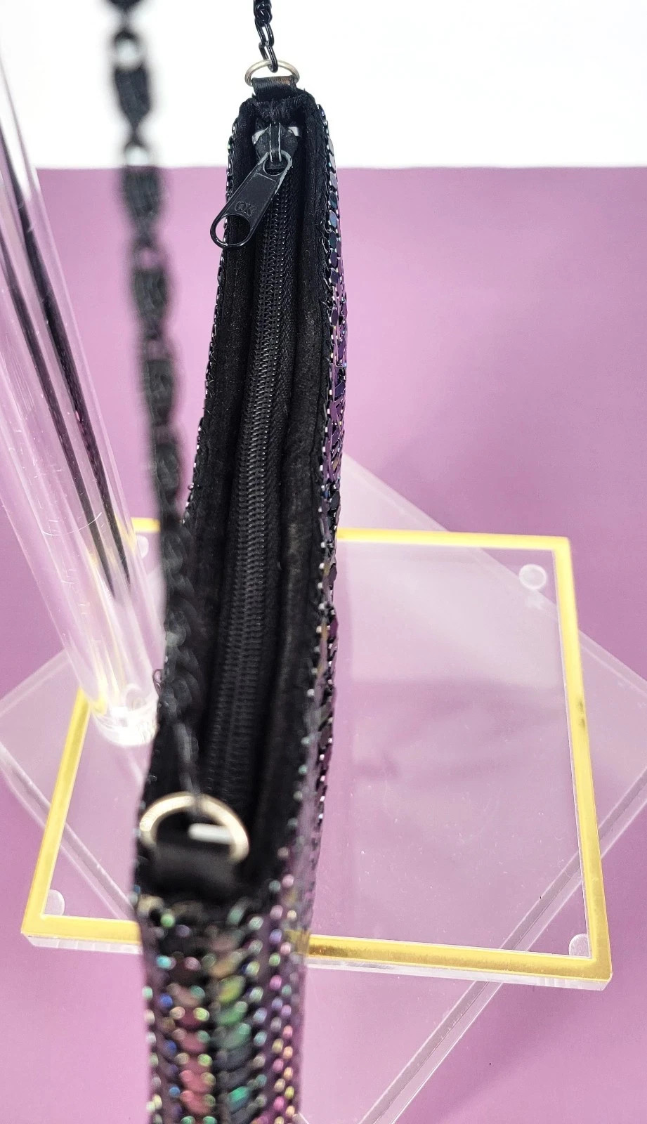 90s Y2K Black Iridescent Chain Mail Mesh Crescent Evening Bag Black Chain Handle