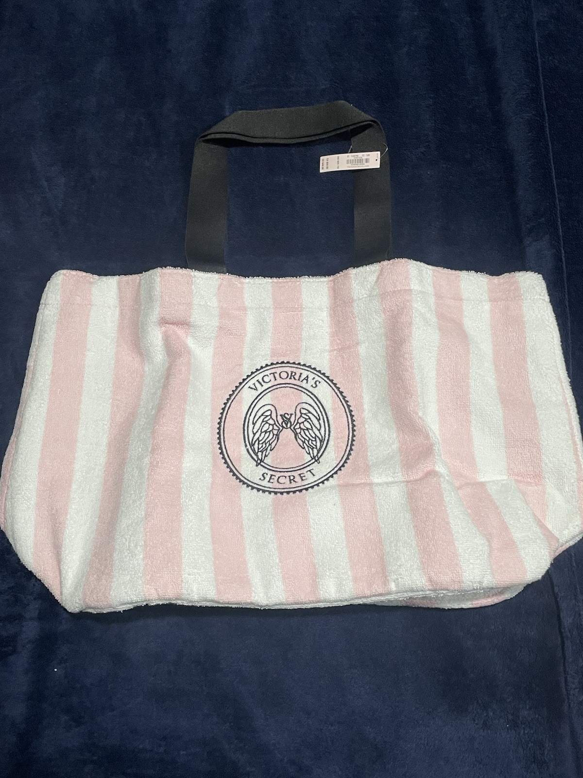 Victoria’s Secret Pink & White Striped Tote Bag Black Double Handles Logo