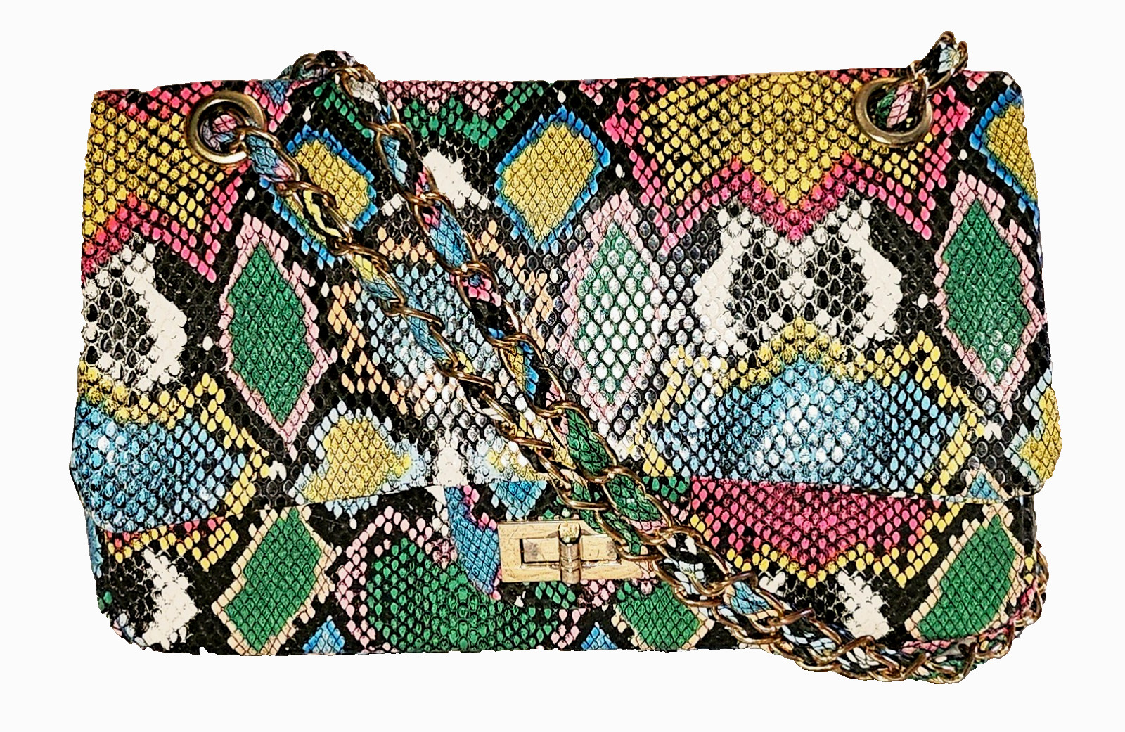 FASHION NOVA MULTI-COLOR EMBOSSED SNAKEESKIN PATTERN SM DOUBLE CHAIN HANDLE BAG