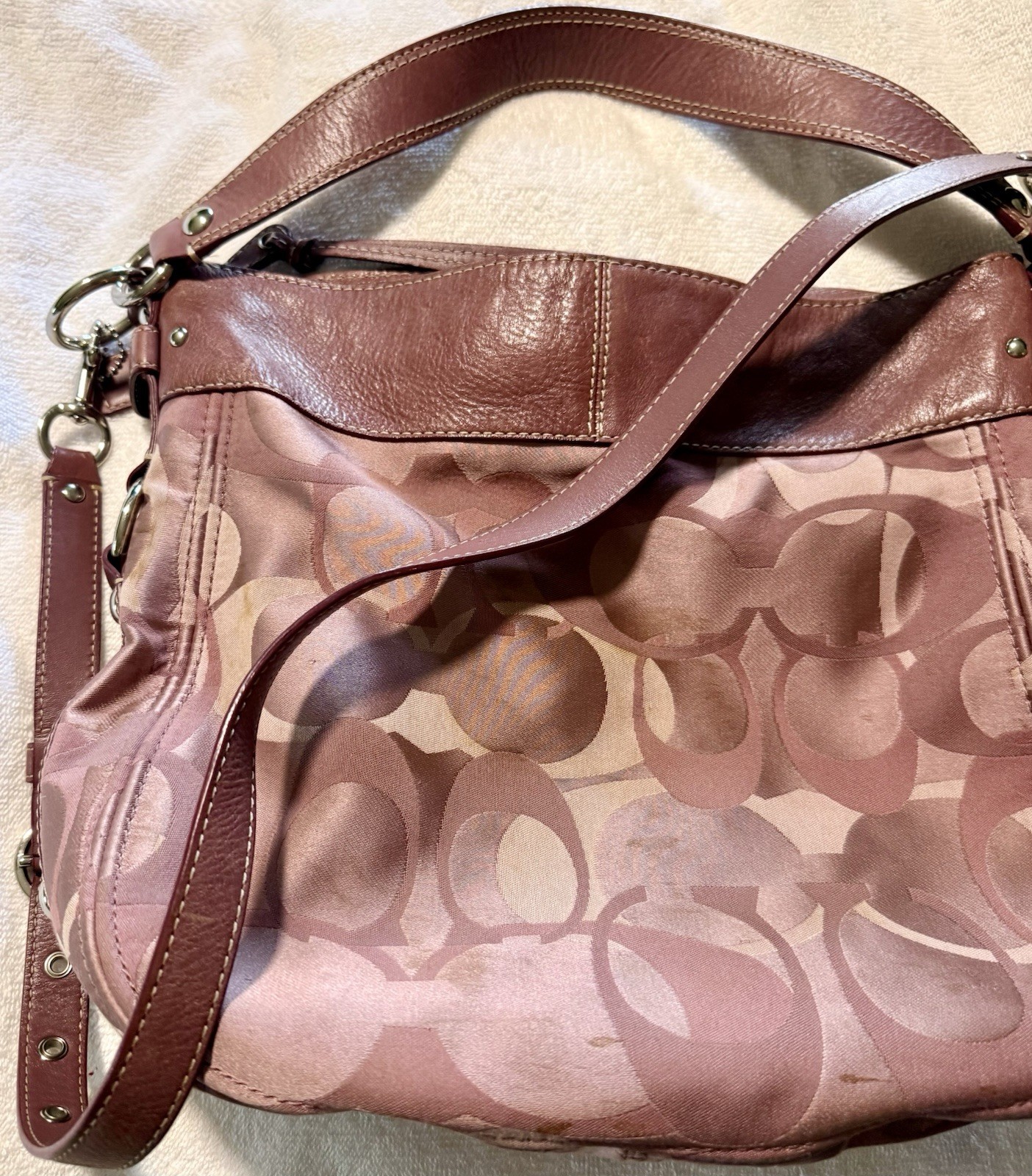 Coach Pink Signature Logo Shoulder Bag Zip Top Detachable Strap Silver