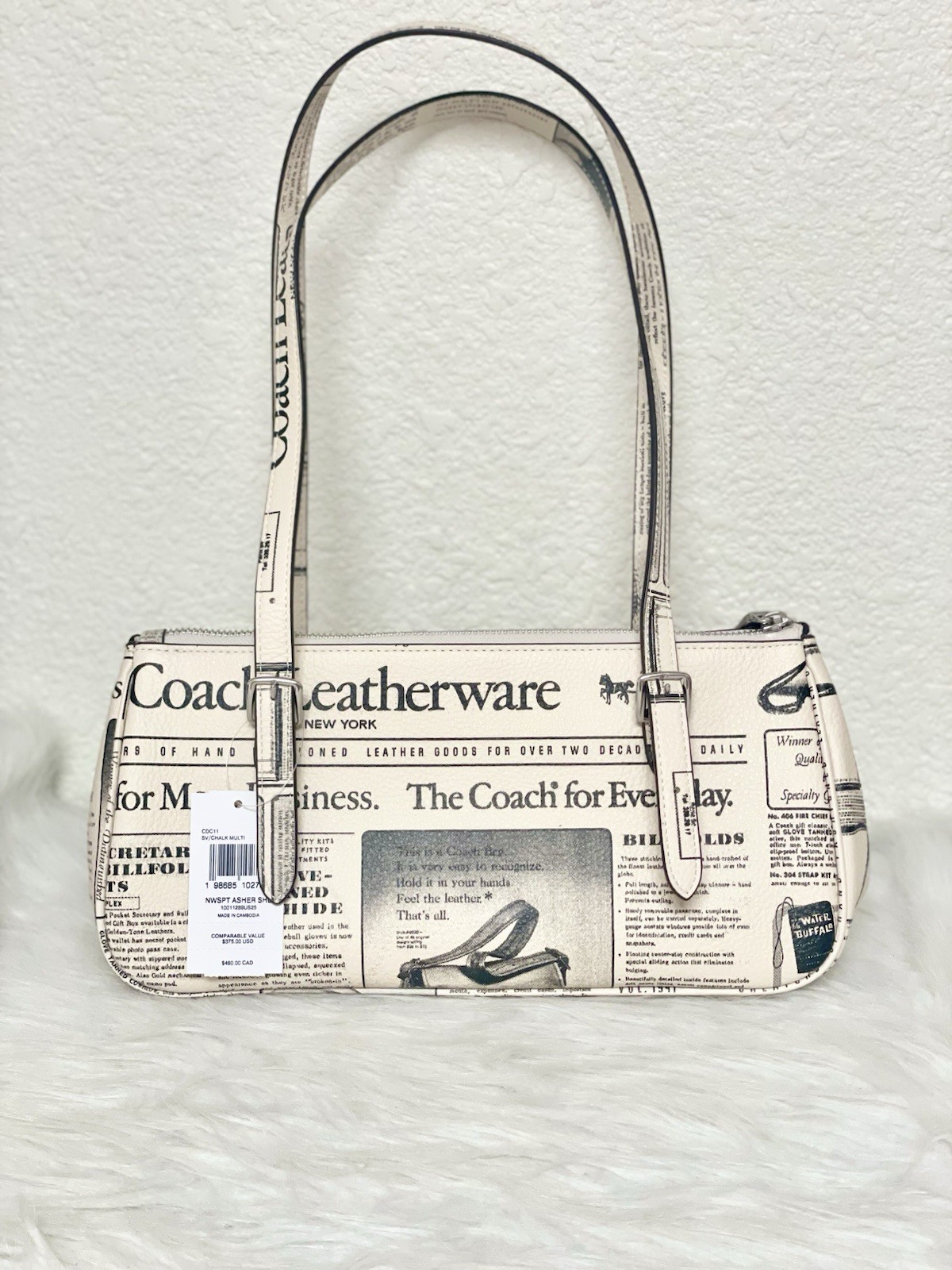 NWT Coach Asher Newspaper Print Shoulder Bag CDC11 In Silver/Chalk Multi