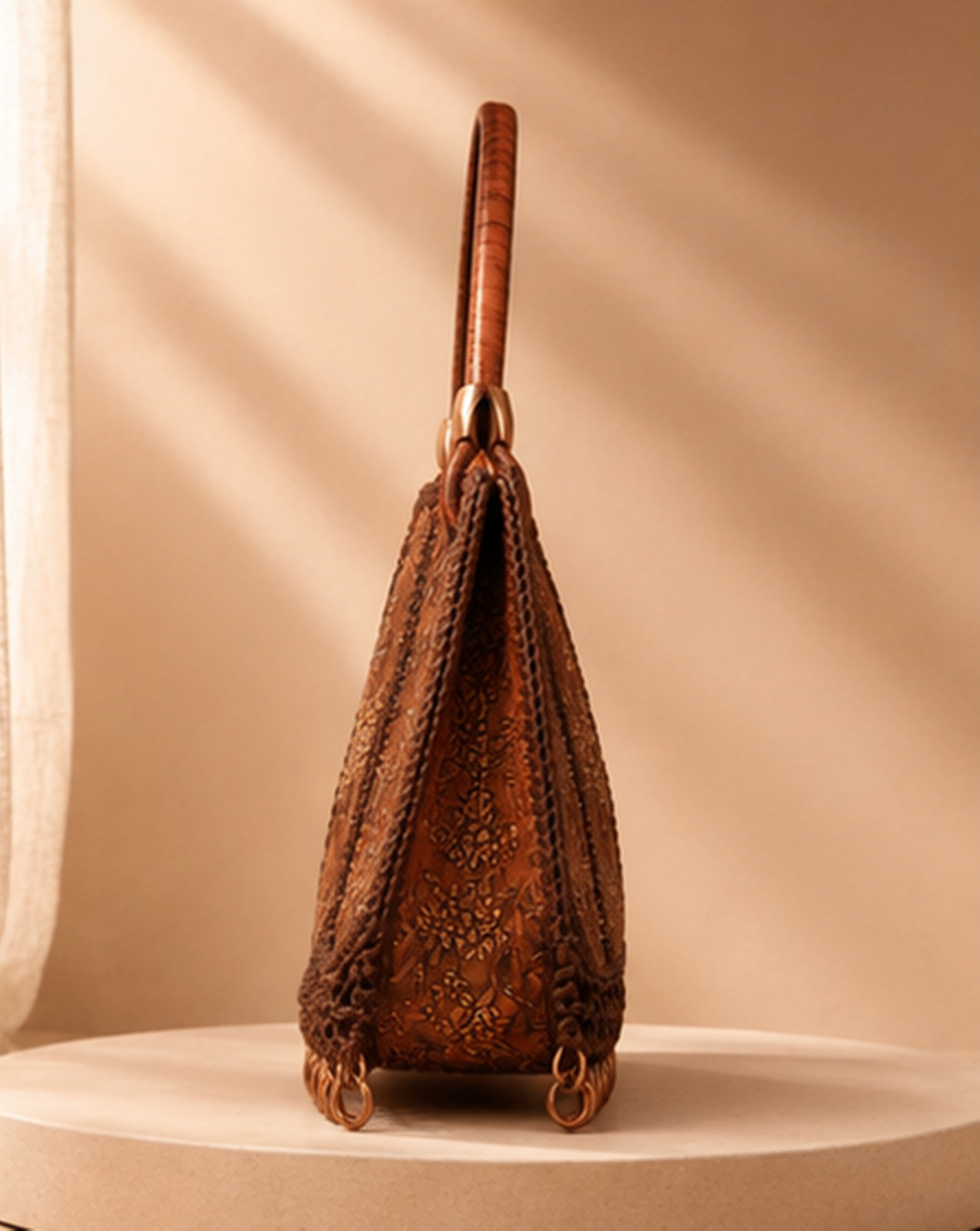 Handmade Brown Floral Embroidered Tote Bag, Boho Shoulder Handbag