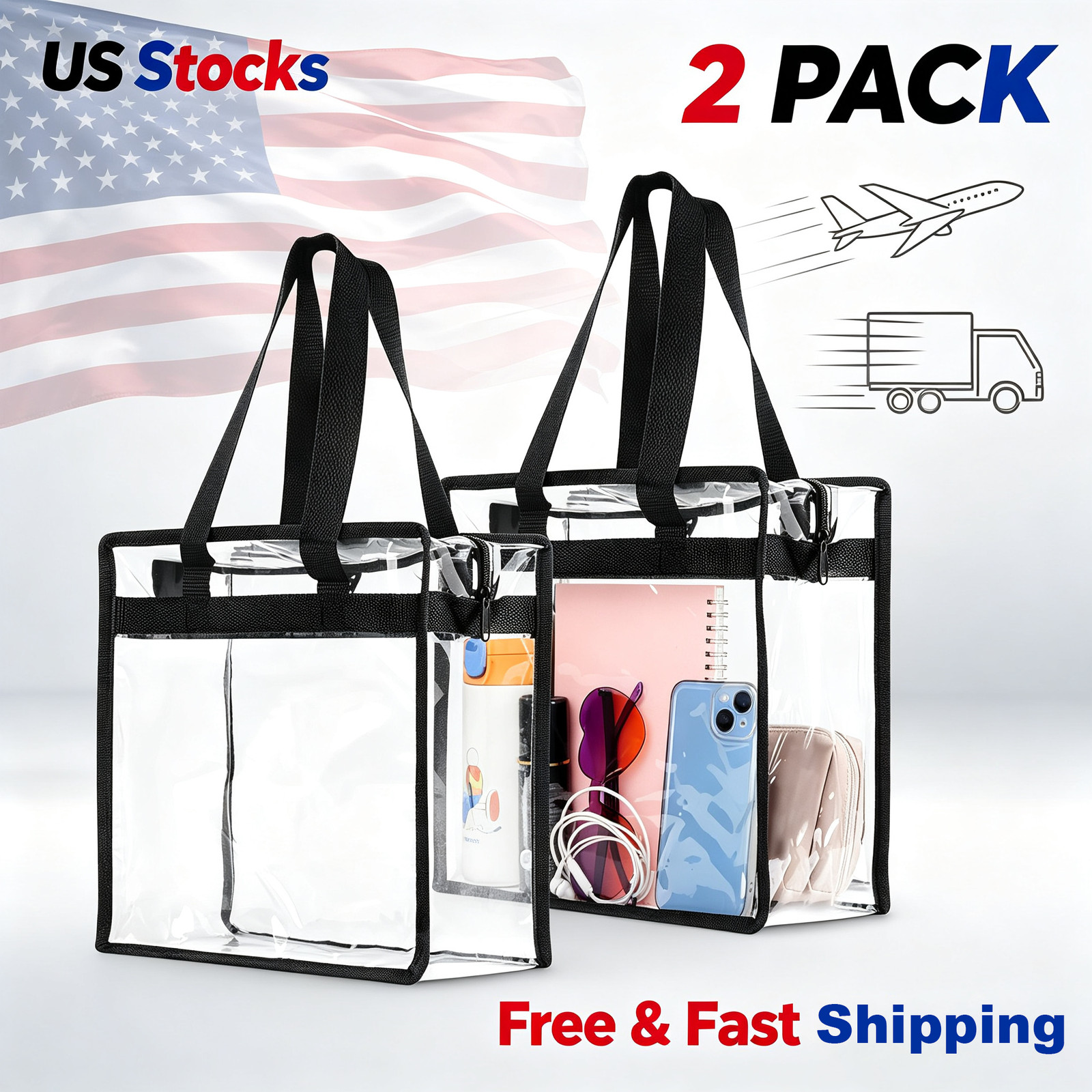 2 Pack Stadium Approved Clear Tote Bags with Handles for Beach Concert, 12x6x12″