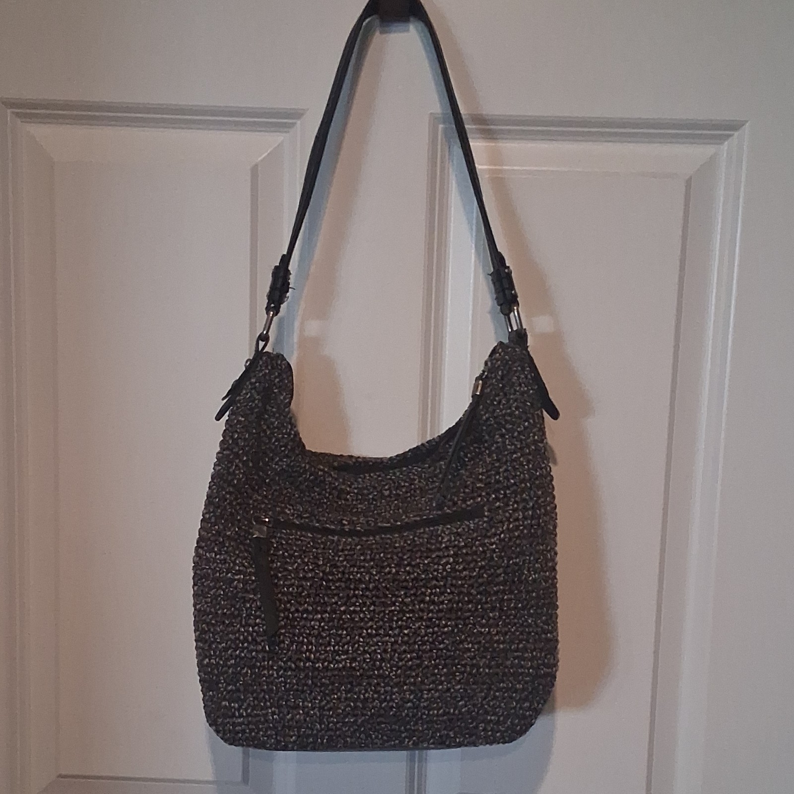 THE SAK Crochet Knit Brown Black Silver Bag Purse Tote Braided Handle