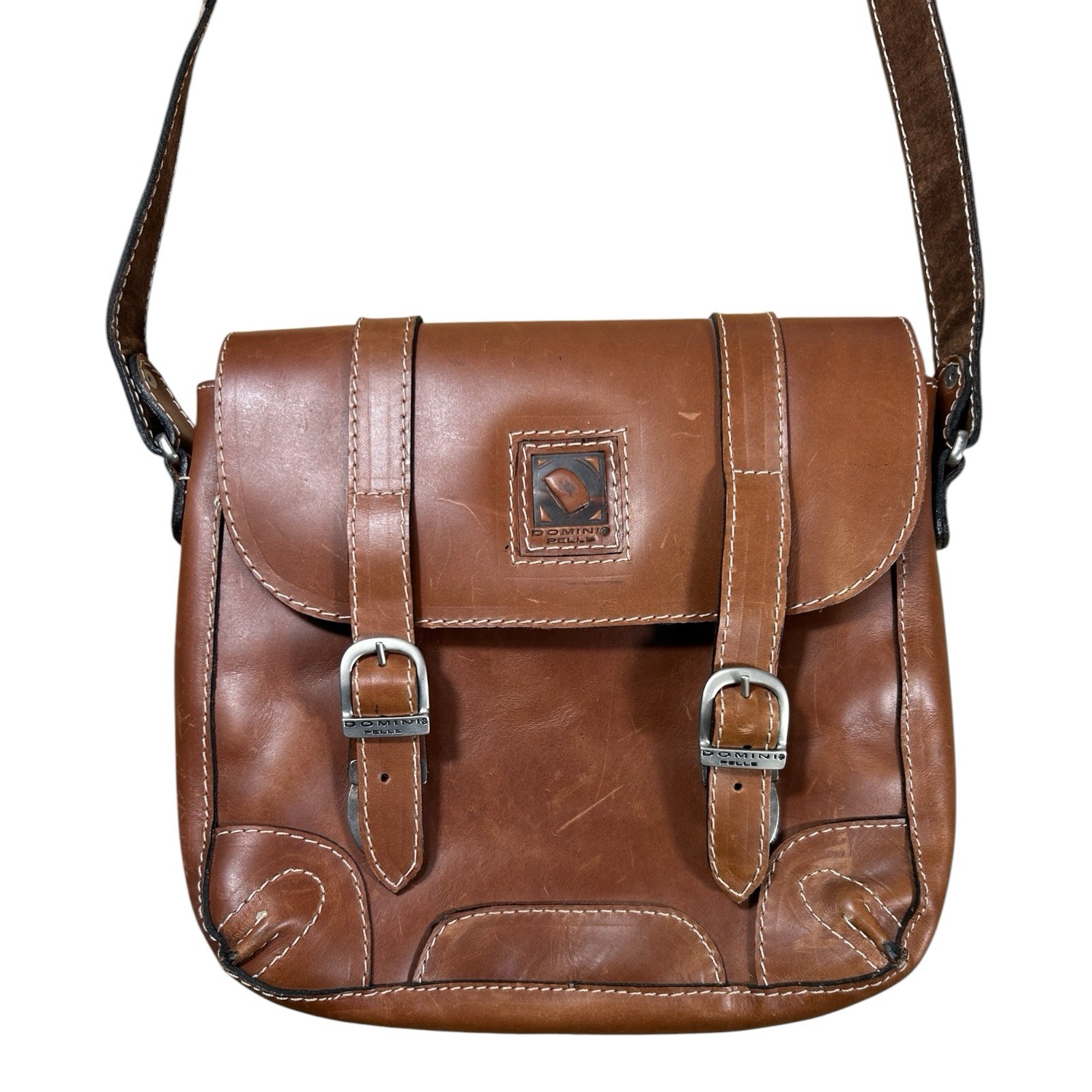 Domini Pelle Brown Leather Crossbody Satchel Tartan Lining Dual Buckle Mexico
