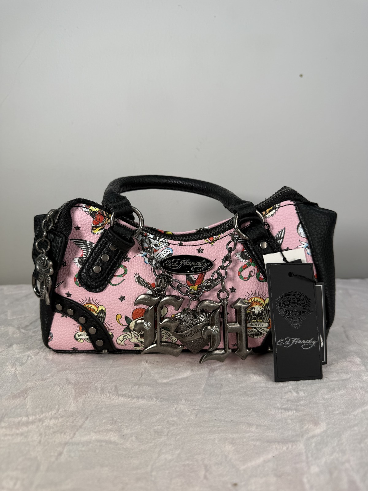 Ed Hardy Mini Satchel Bag Pink Tattoo Print