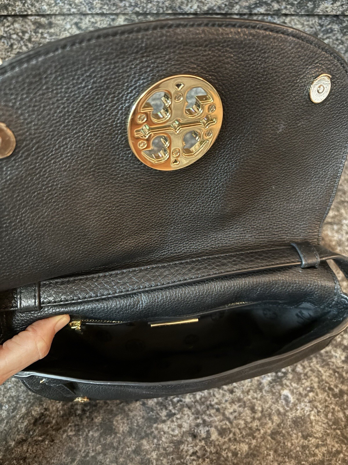 Tory Burch Black Reva Logo Small Crescent Crossbody Bag Gold Hardware Magnetic